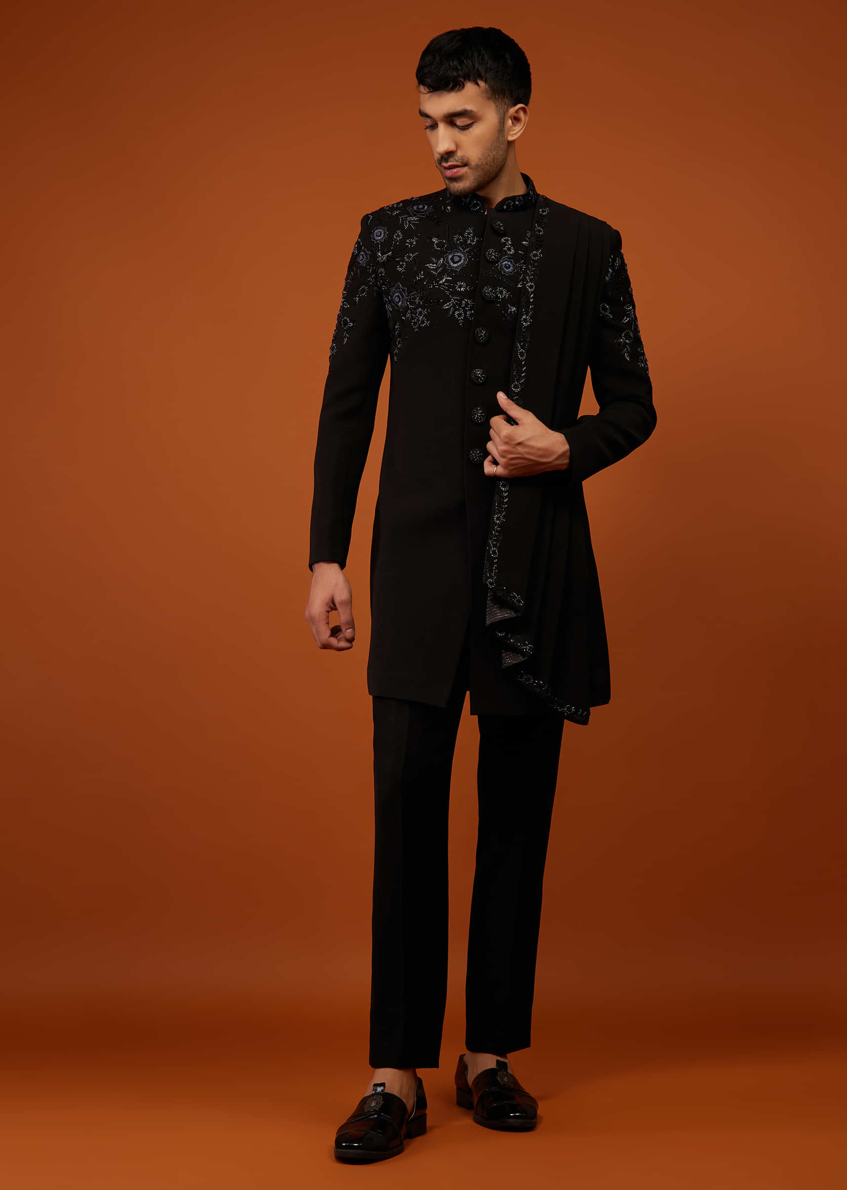 Jet Black Indo-Western Sherwani Set Embroidered In Imported Suiting Fabric