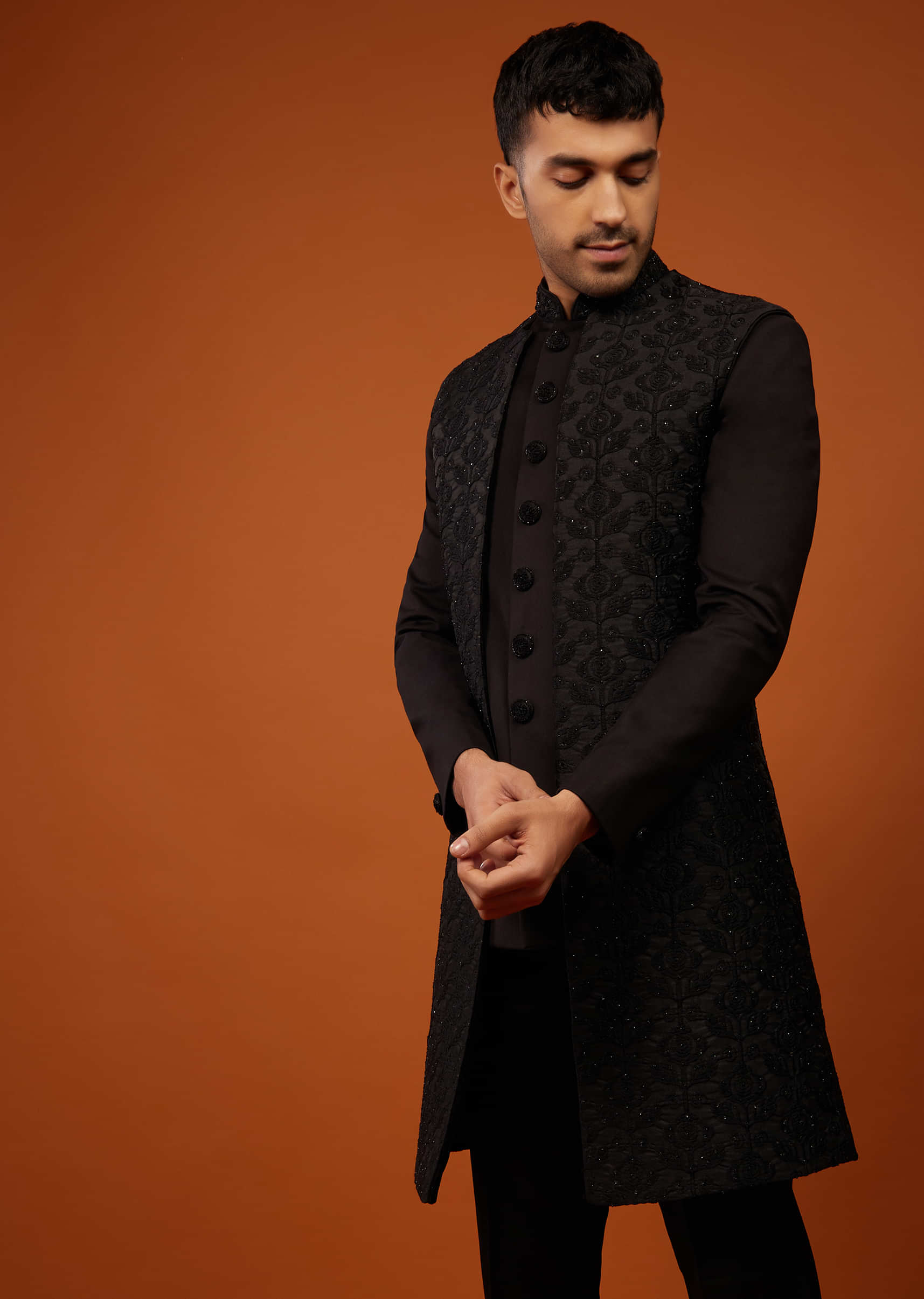 Jet Black Sherwani Set Embroidered In Imported Suiting Fabric