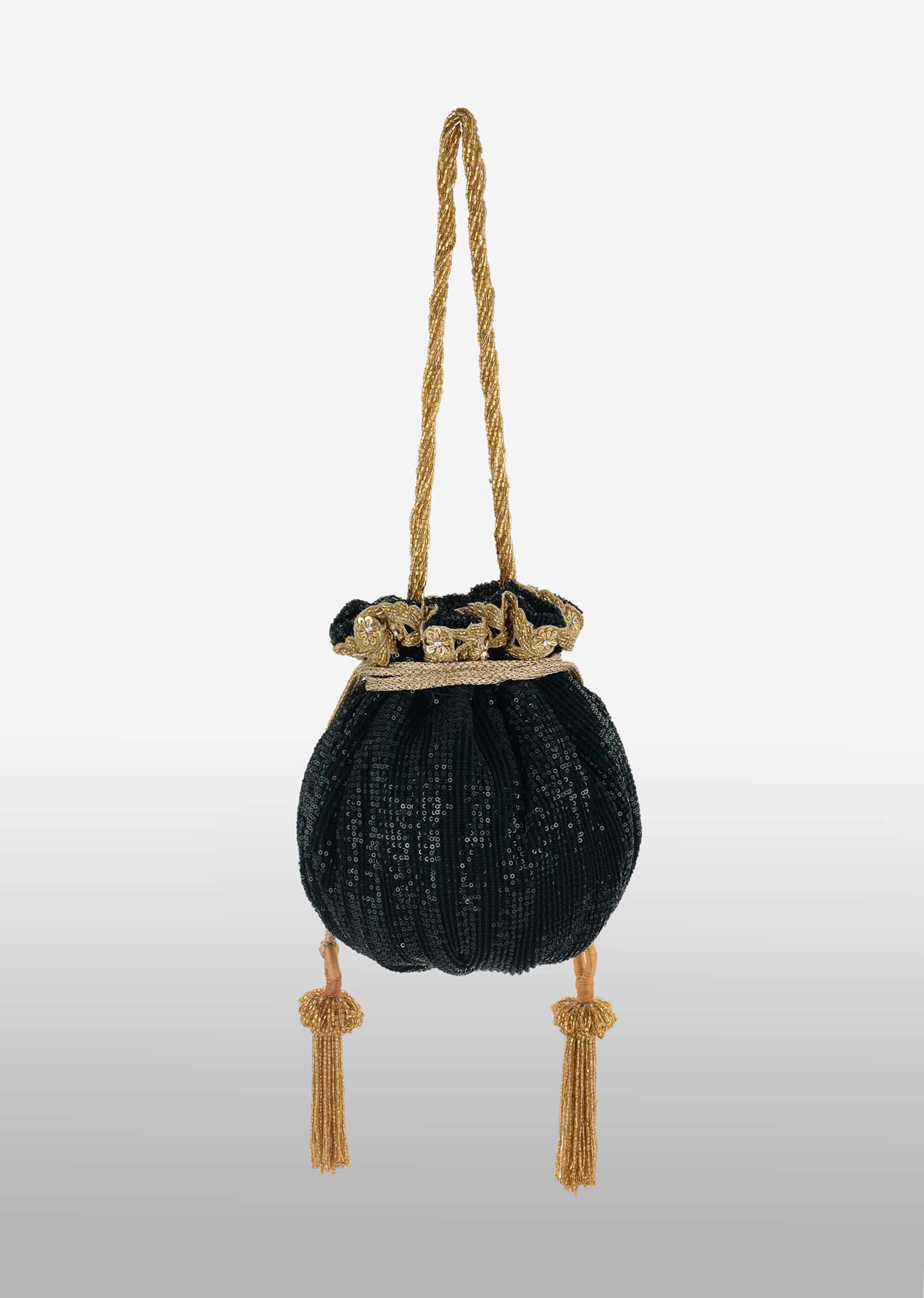 Jewel Green Potli Bag In Crushed Sequins Fabric With Cut Dana And Zardosi Embroidery Detailing Online - Kalki Fashion