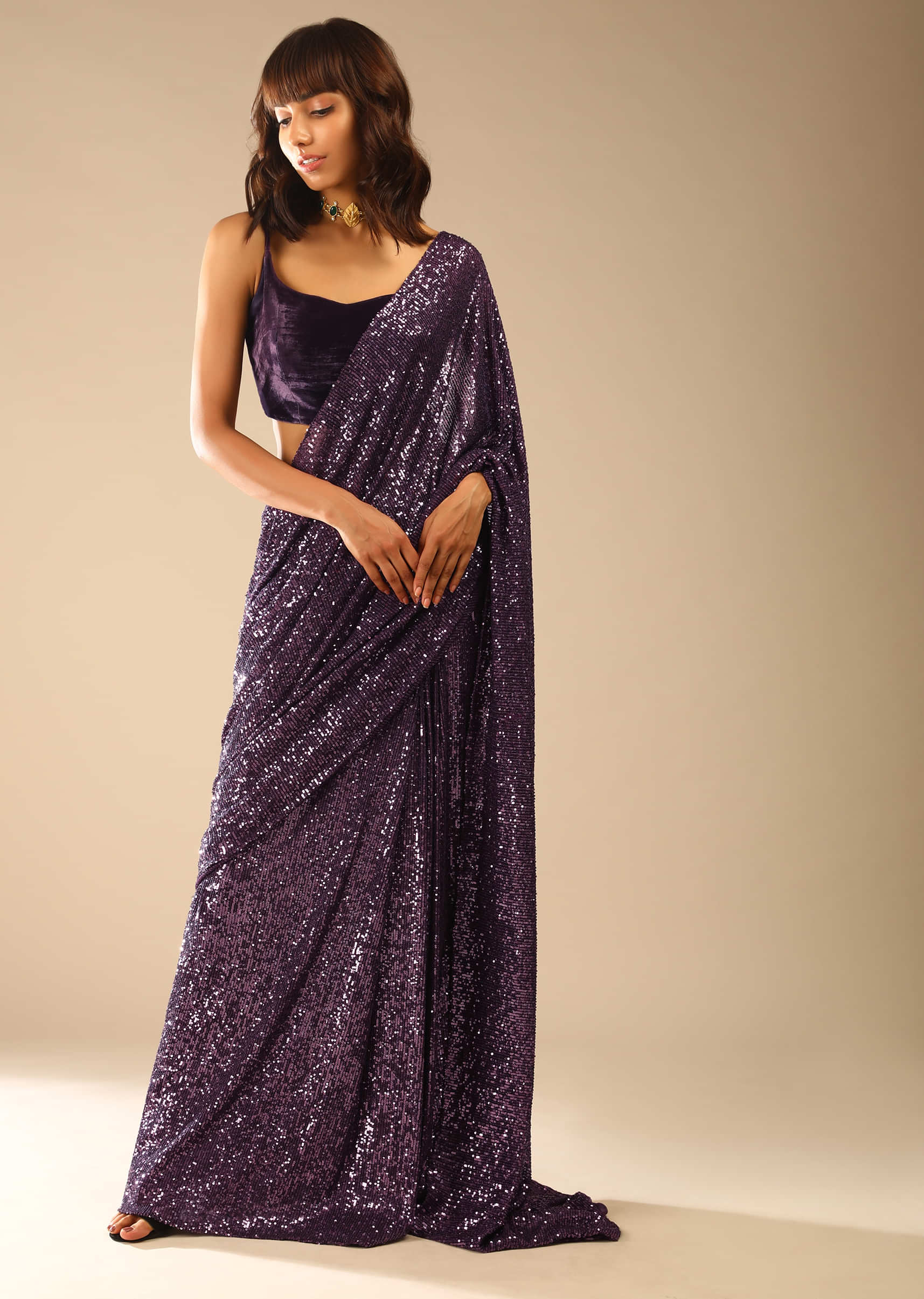 Buy Jewel Purple Ready Pleated Saree In Sequins Fabric With A Strappy ...