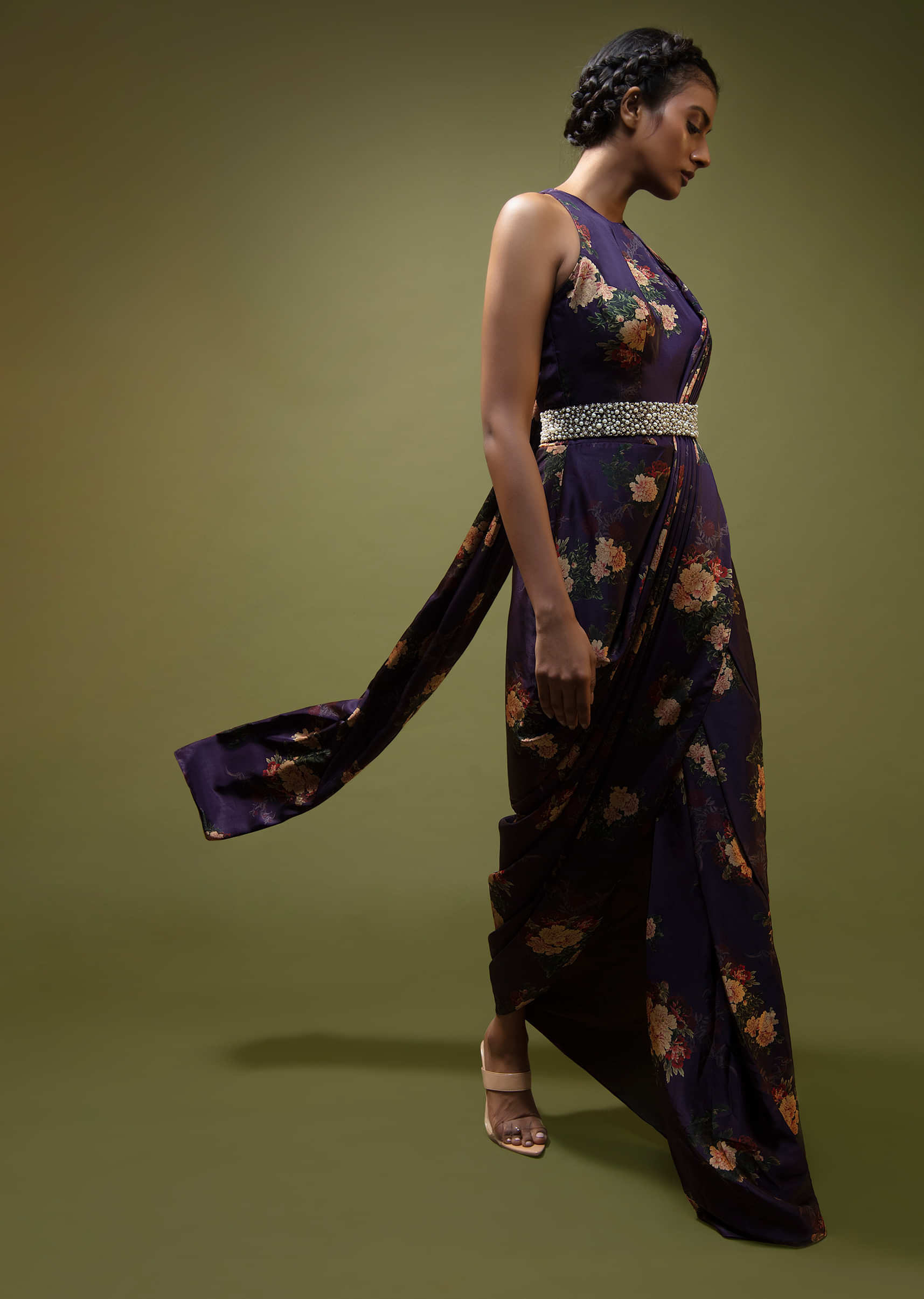 Jewel Purple Saree Gown In Floral Printed Satin With A Cowl Draped Pallu And Moti Embroidered Belt