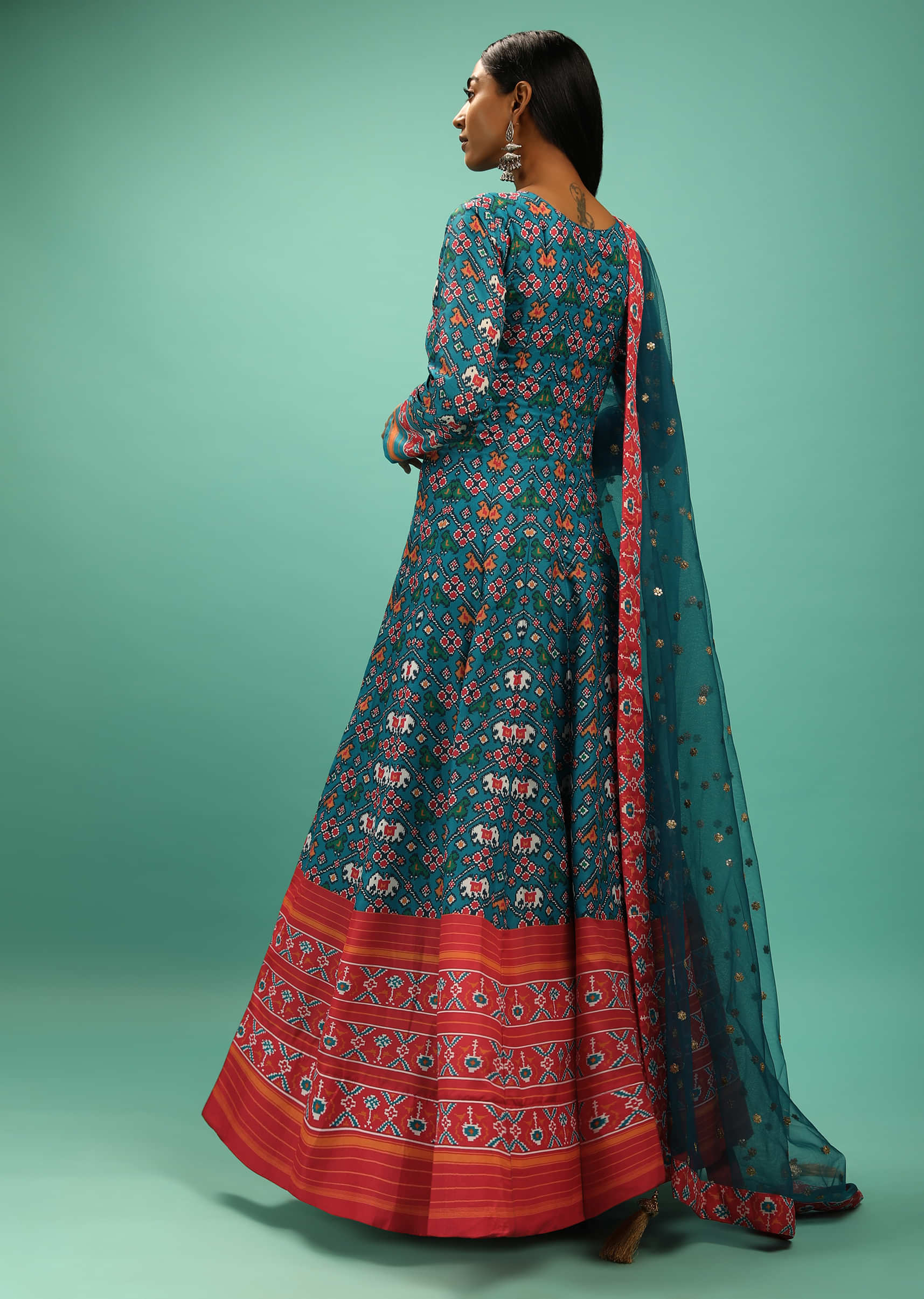 Jewel Blue Anarkali Suit With Multi Colored Patola Print And Zardosi Embroidery  