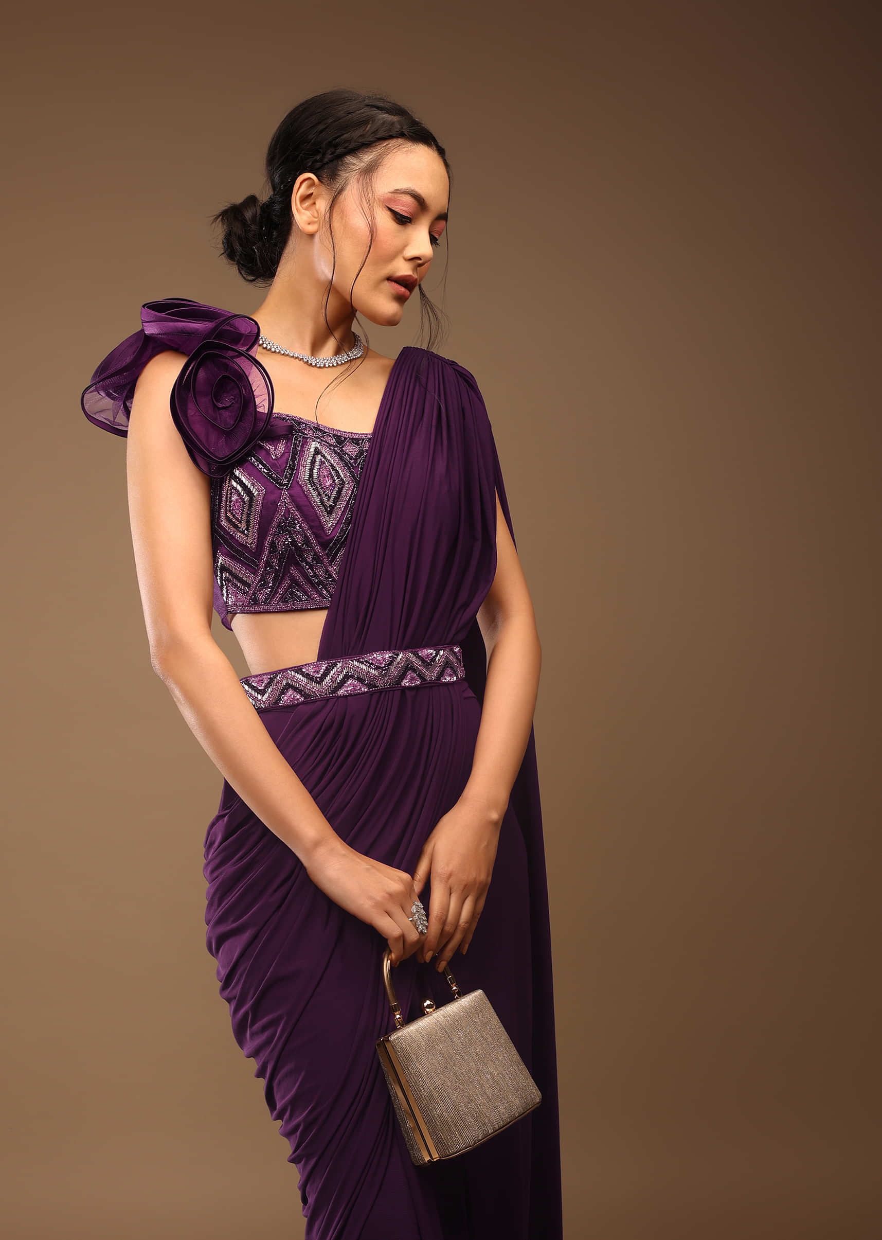 Jewel Purple Ready-Peated Saree With A 3D Flowers Crop Top In Stones And Multi-Colored Embroidery