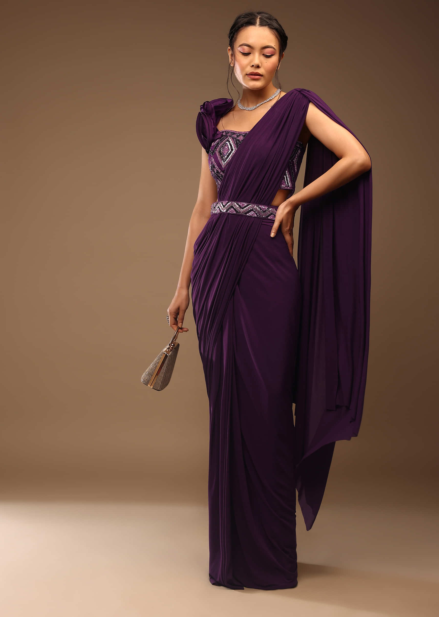 beige plain satin saree with blouse - Shaily - 2997203