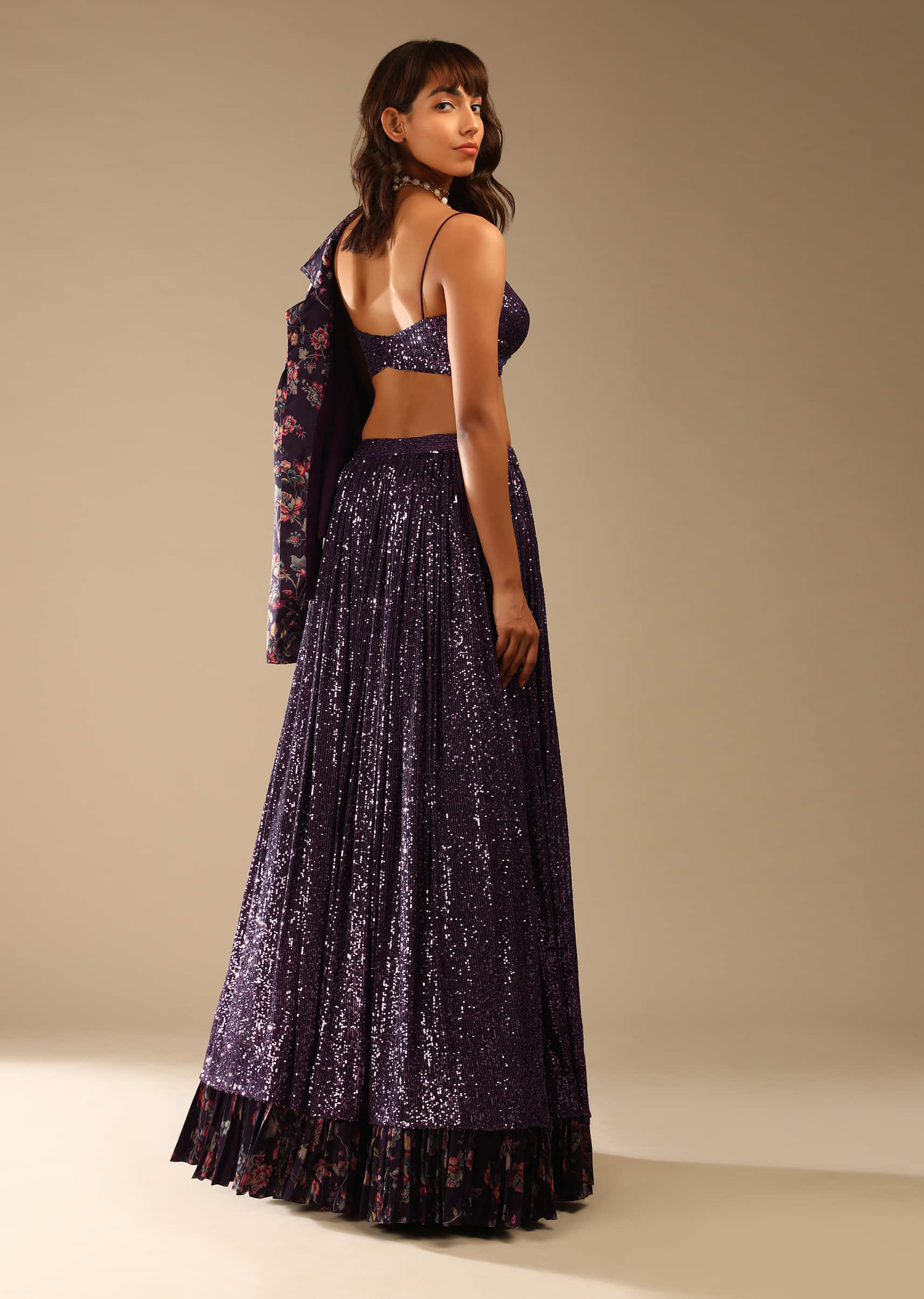 Jewel Purple Lehenga Choli Embellished In Sequins With A Floral Printed Blazer Jacket And Printed Frill On The Lehenga Hemline Online - Kalki Fashion