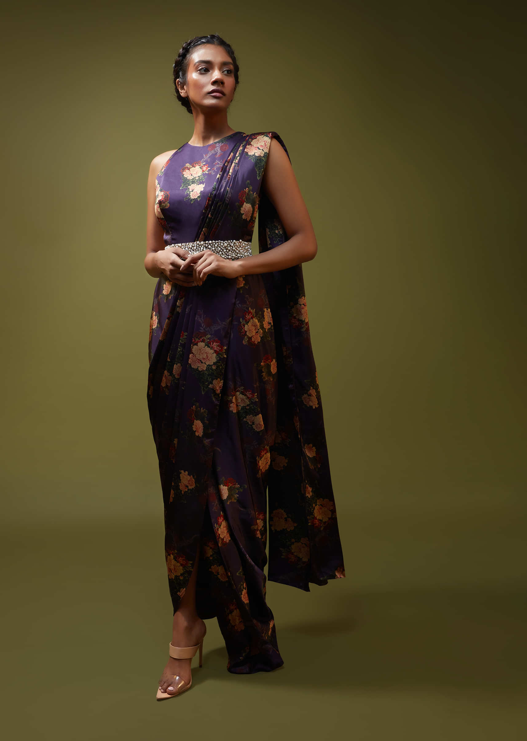 Buy Jewel Purple Saree Gown In Floral Printed Satin With A Cowl Draped ...