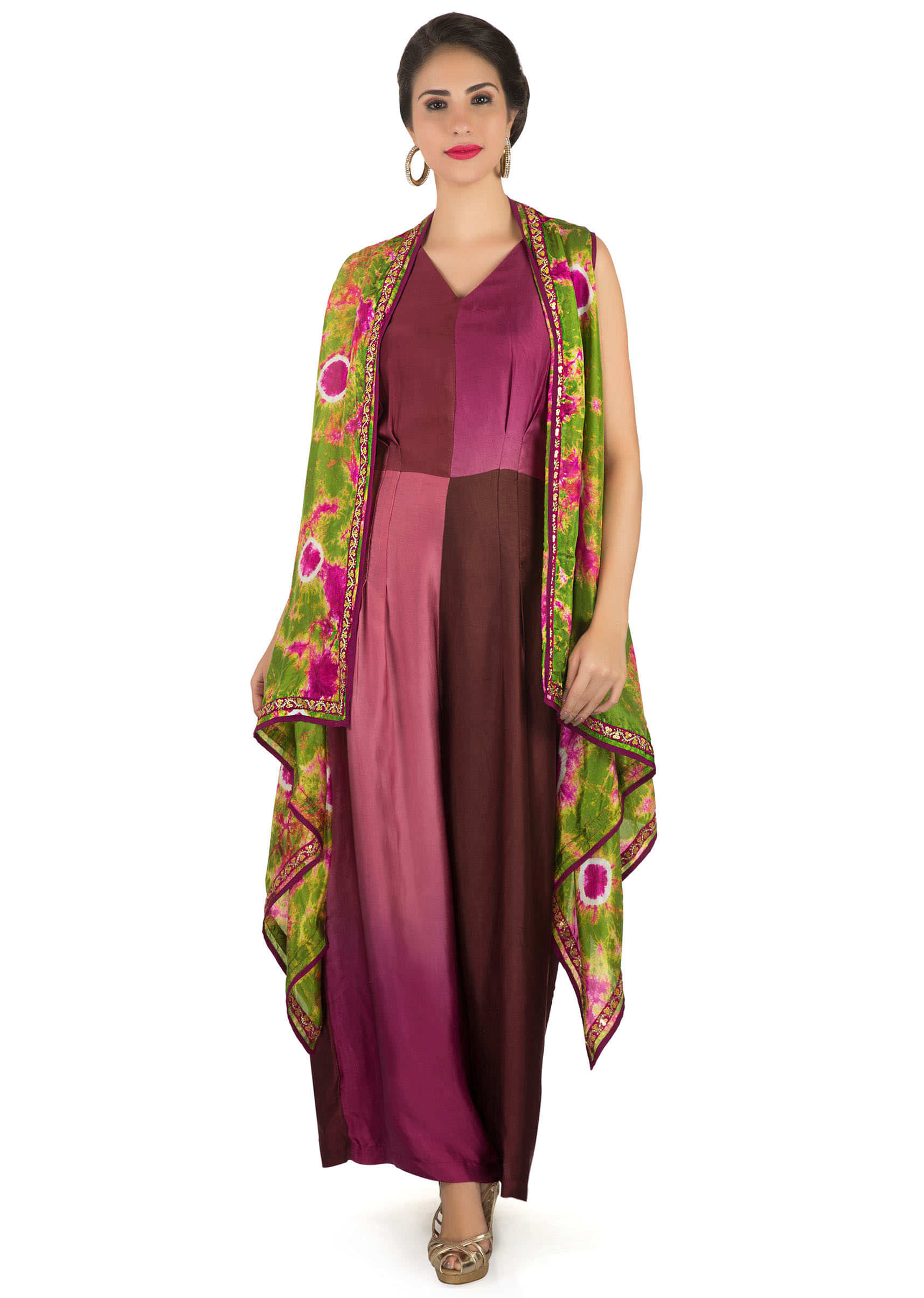 Jumpsuit in magenta and burgundy matched with printed long jacket only on Kalki