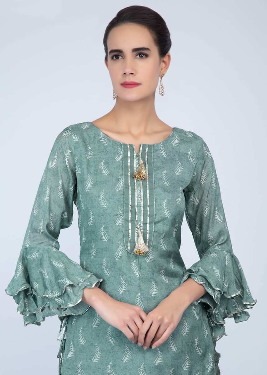 Jungle Green Top In Cotton Silk With Print And Fancy Dhoti Pant Online - Kalki Fashion