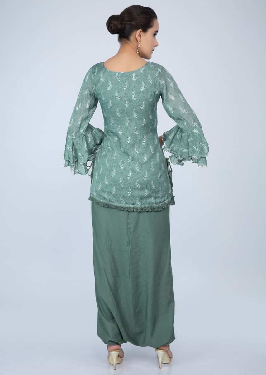 Jungle Green Top In Cotton Silk With Print And Fancy Dhoti Pant Online - Kalki Fashion