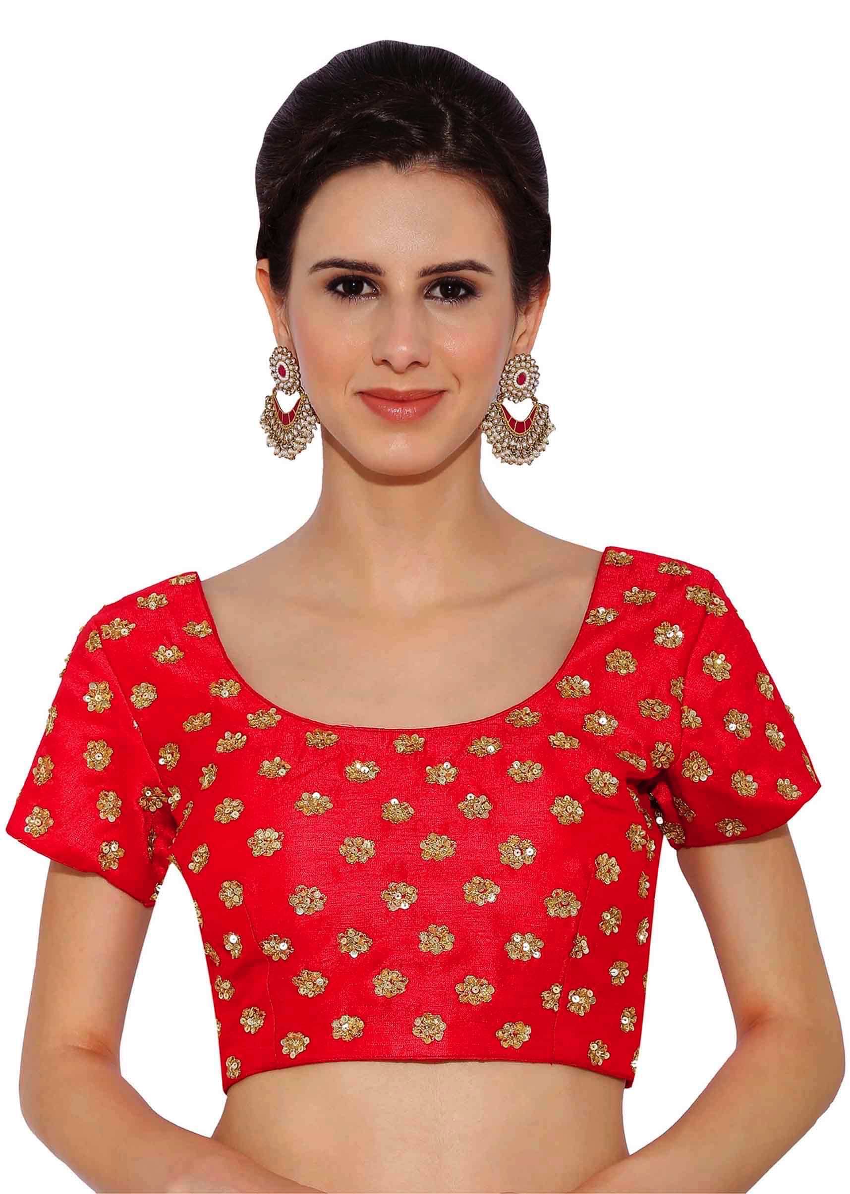 Cherry Red Raw Silk Blouse With Sequin Embroidery only on Kalki