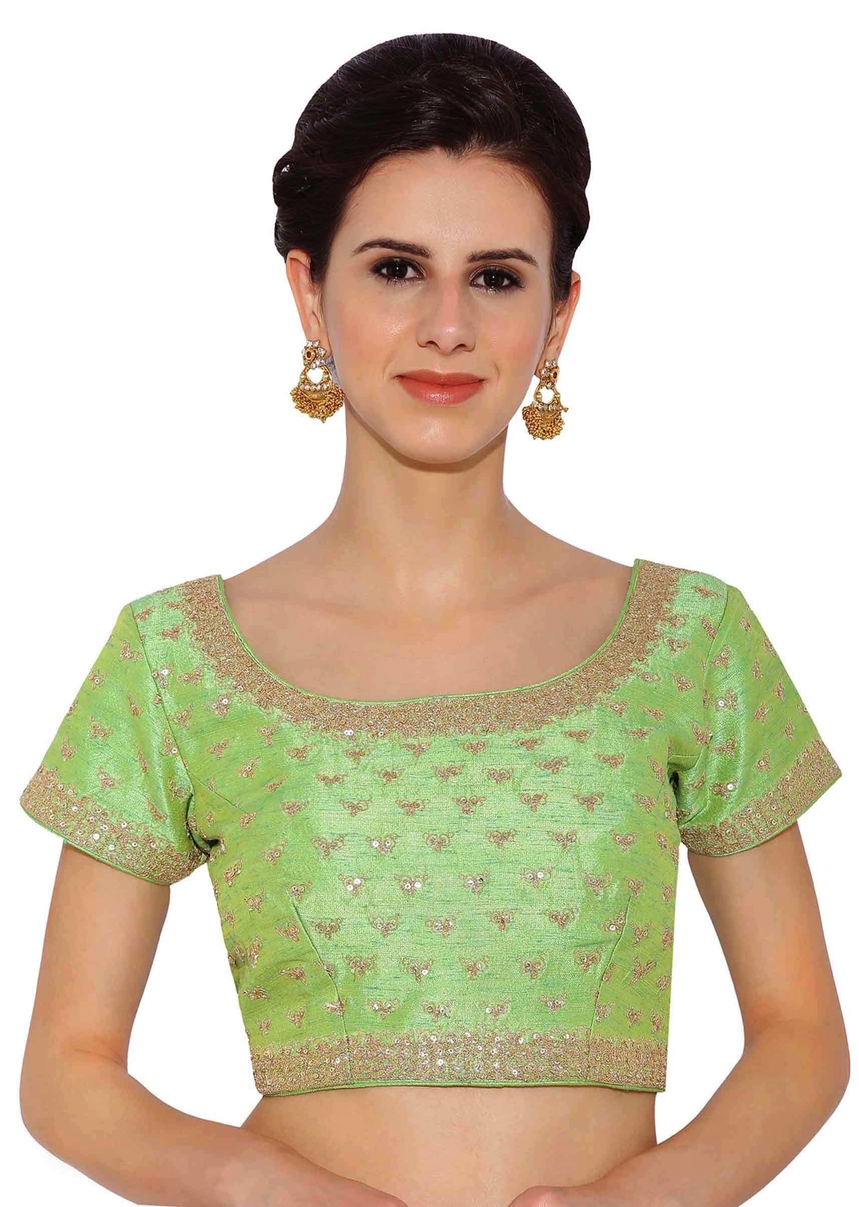 Parrot Green Blouse In Raw Silk With Sequins Embroidery Online - Kalki Fashion