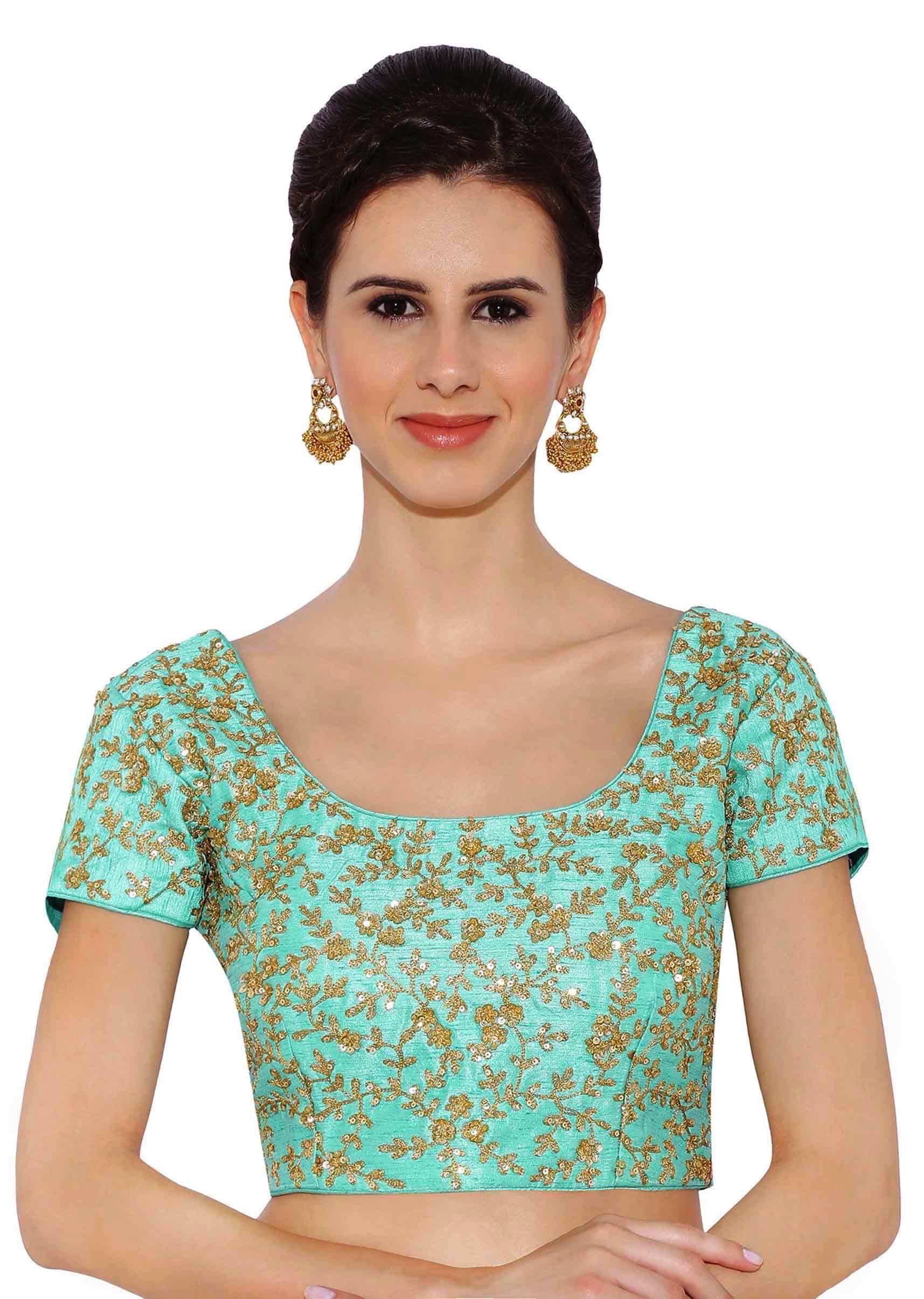 Buy Ice Blue Blouse In Raw Silk With Collar Neckline, Front Hook Closure  And Half Sleeves KALKI Fashion India