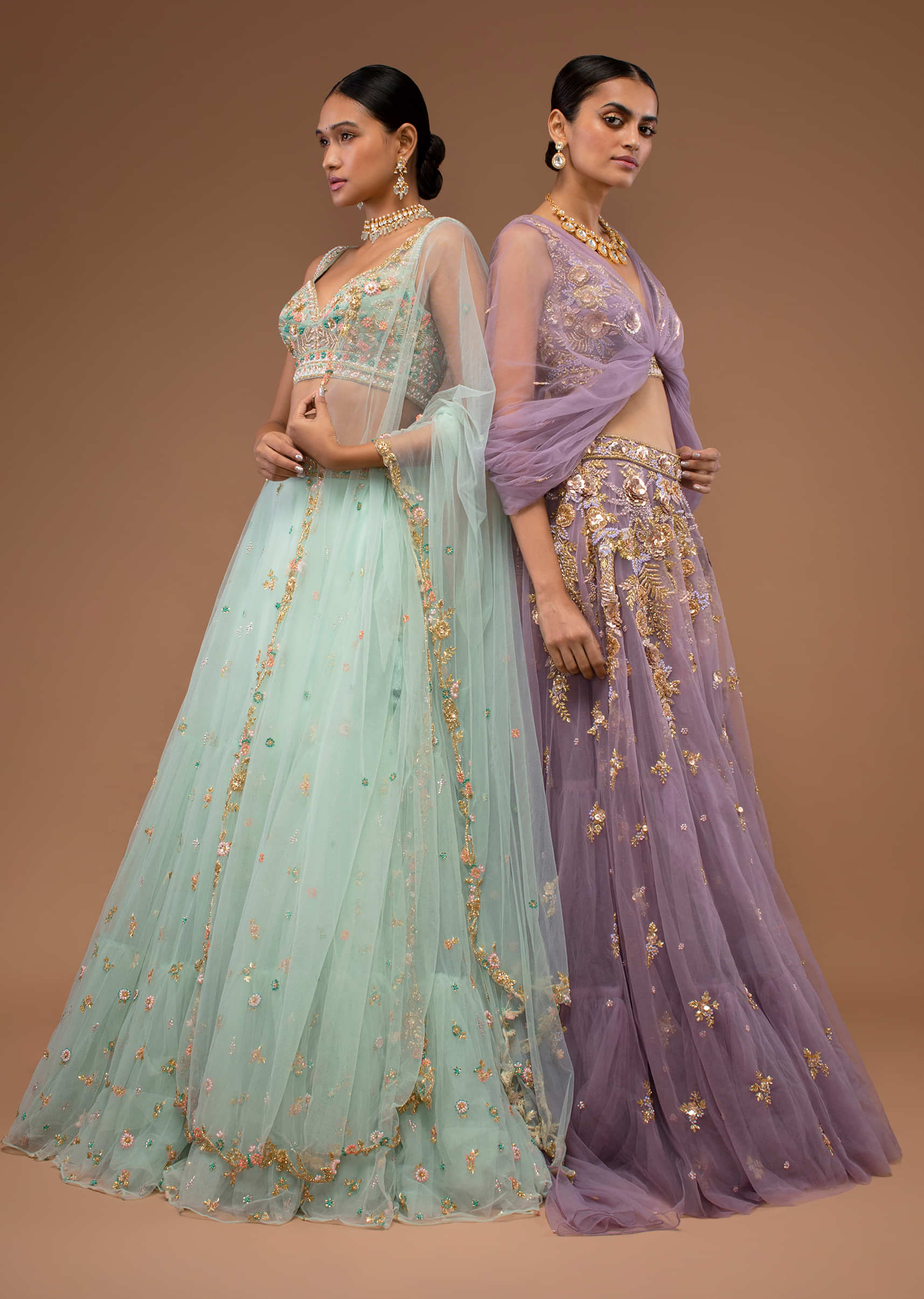 Mint Lehenga And A Crop Top Set In 3D Floral Motifs Embroidery, Crafted In Net With Sequins And Resham Work Floral Motifs