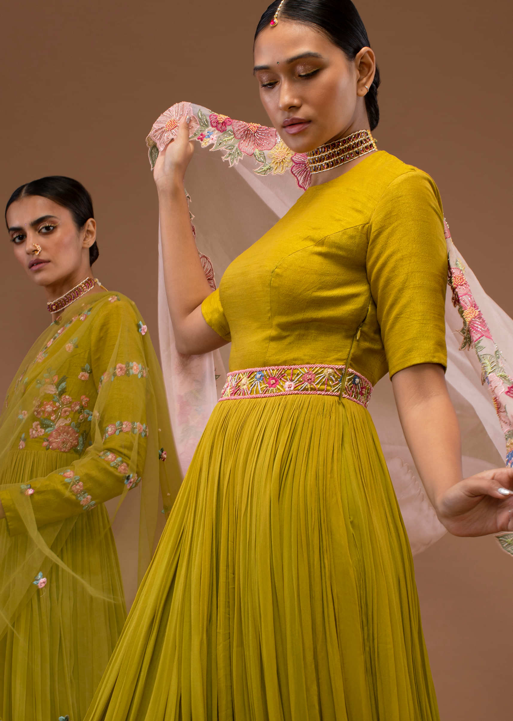 Citrus Floor-Length Sharara Suit In Resham Work Embroidery, Crafted In Georgette With Half Sleeves With Hooks Closure On The Neckline
