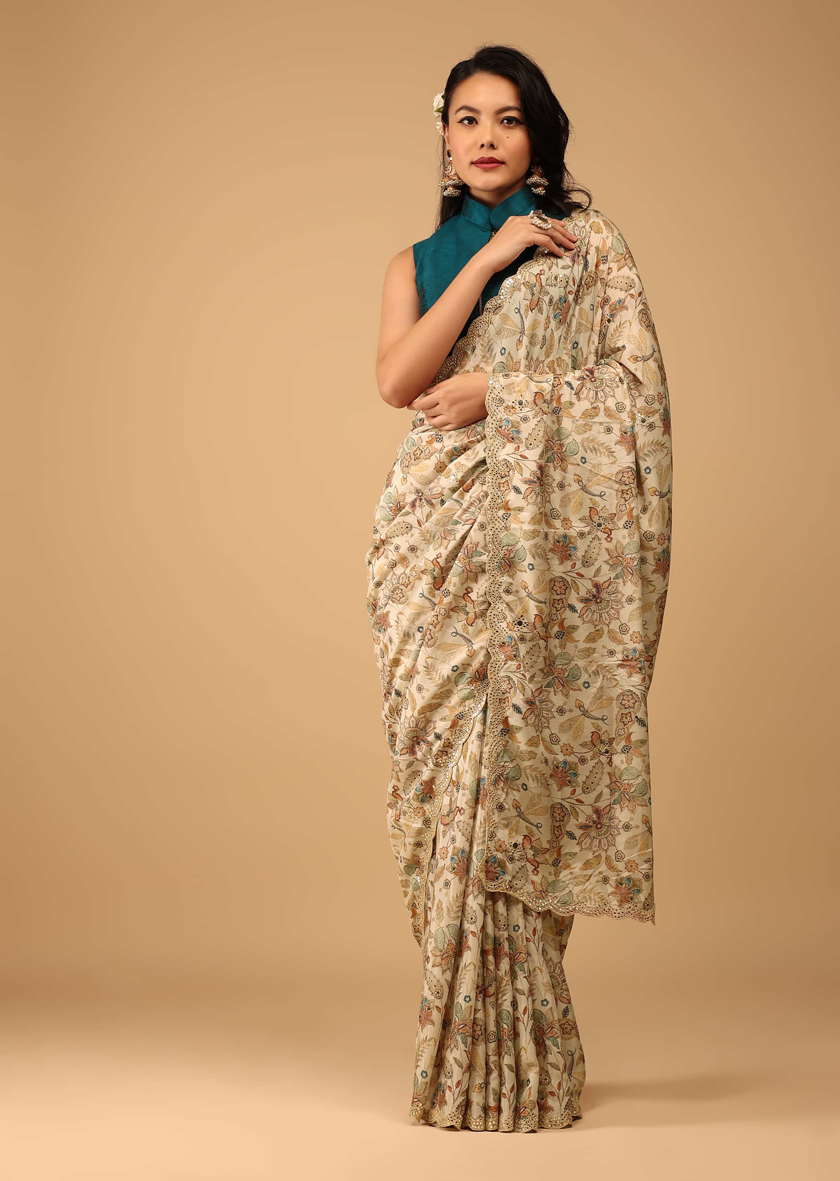 Kalki Angora White Saree In Muslin With Floral Handblock Print And Embroidery