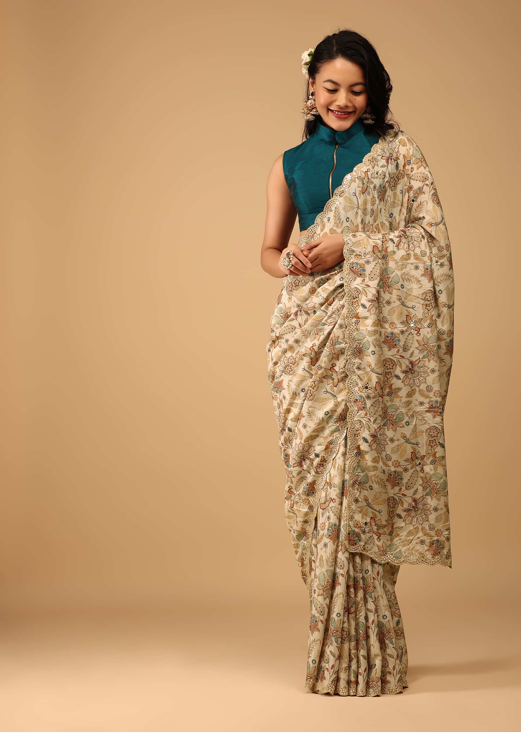 Beige White Saree In Muslin With Floral Print And Embroidery