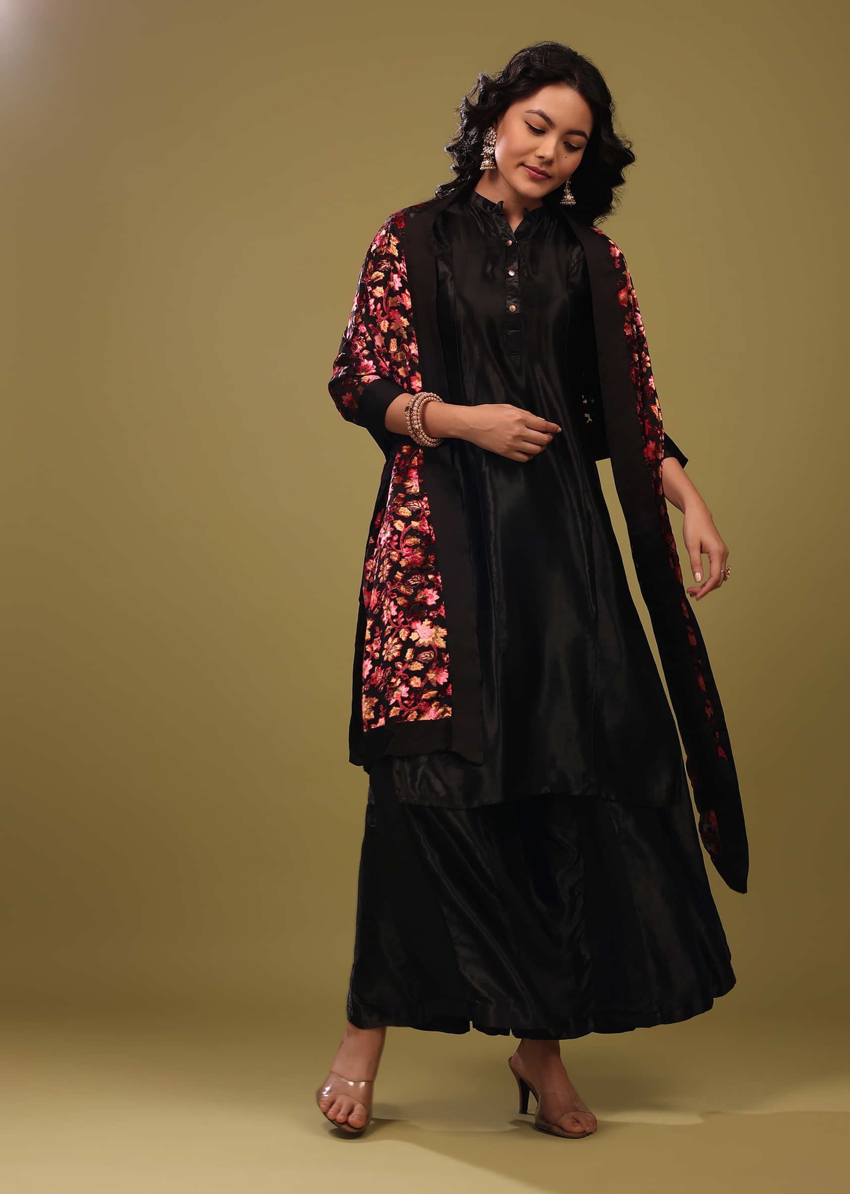Kalki Anthracite Black Palazzo Suit In Gajji Silk With A Beautiful Velvet Floral Embroidered Dupatta