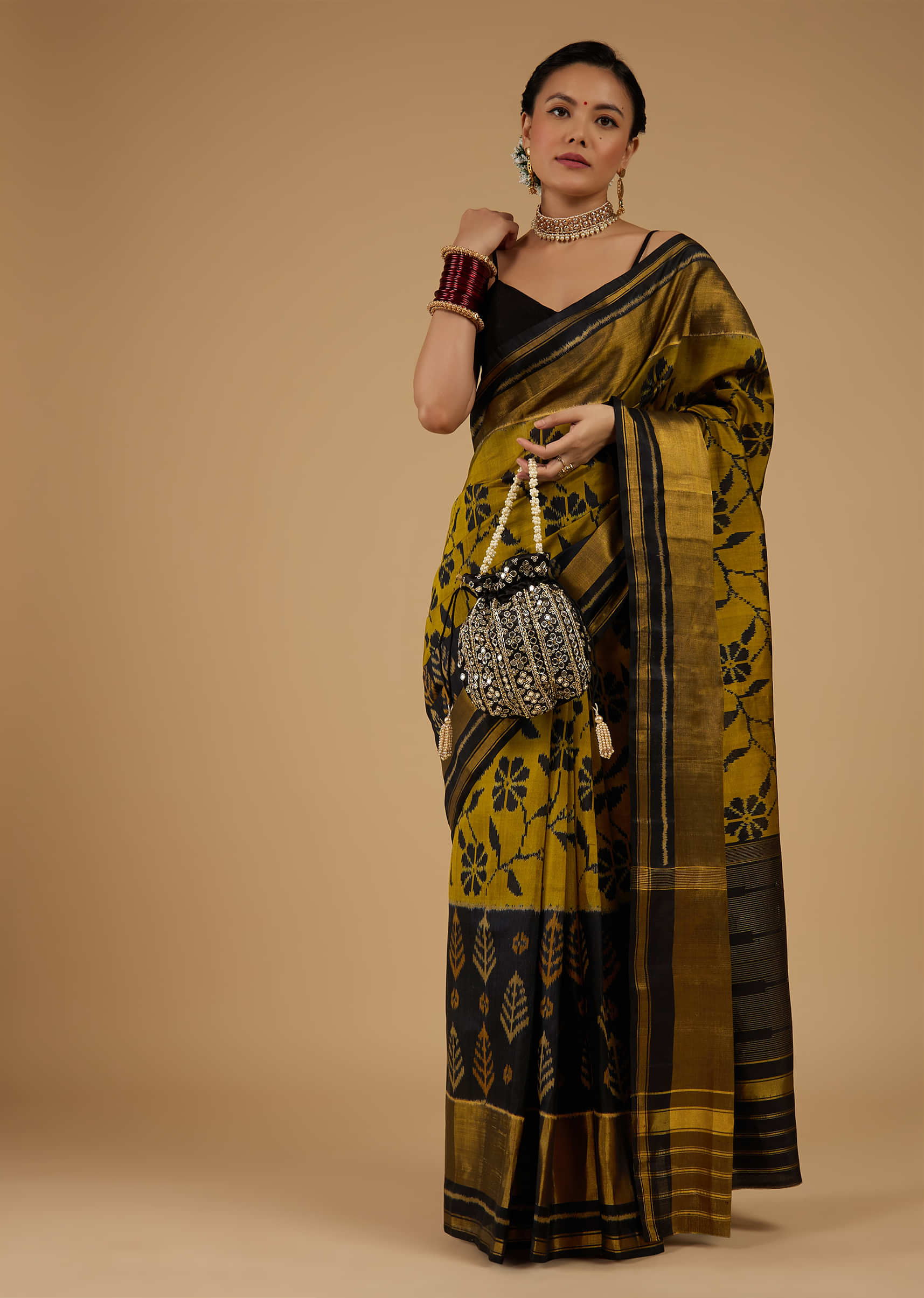 Kalki Antique Moss Green & Black Saree In Silk With Ikat Weave Patola Floral Work