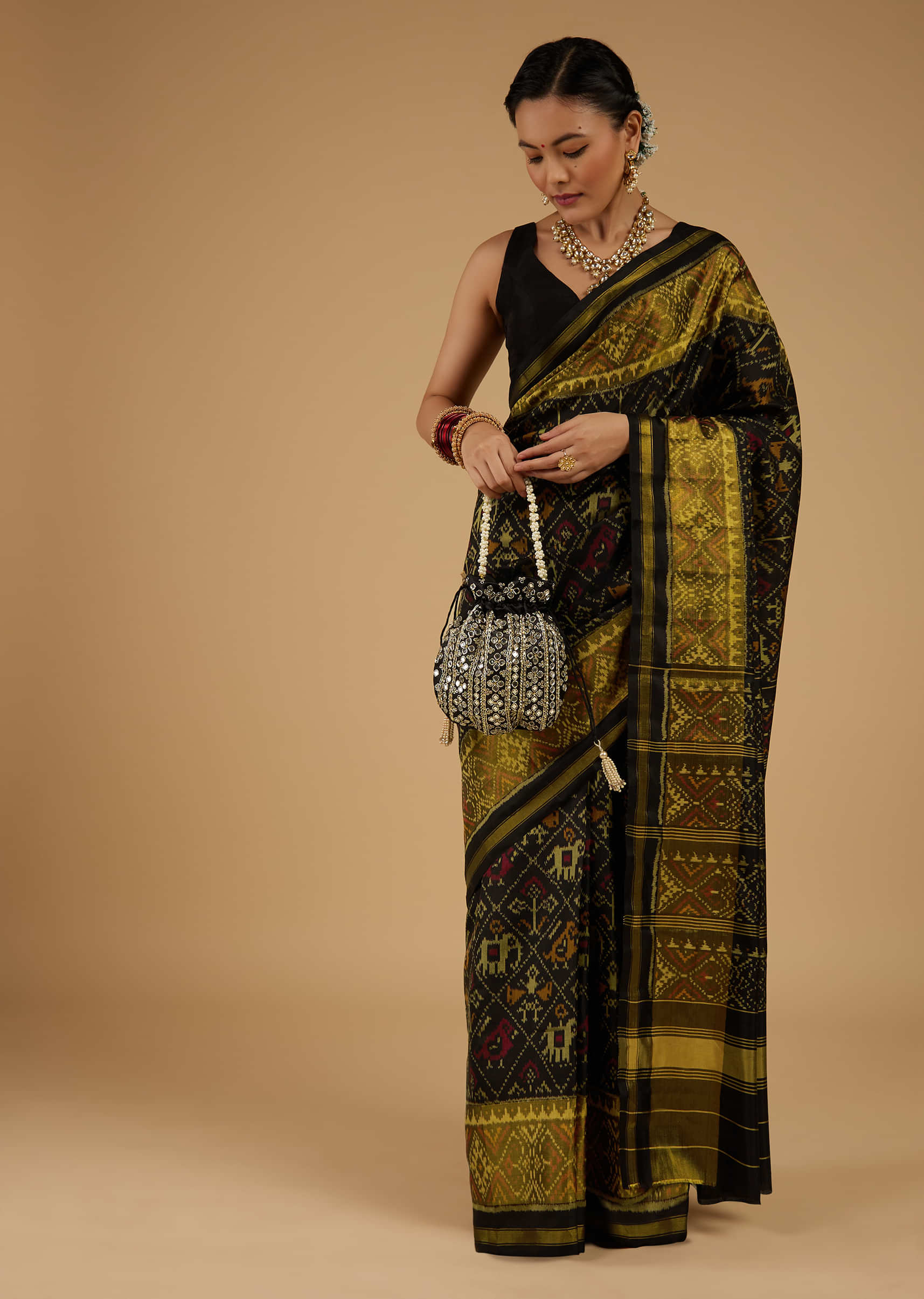Bright Moss Green & Black Saree In Pure Silk Tissue With Ikat Weave & Zari Patola Work