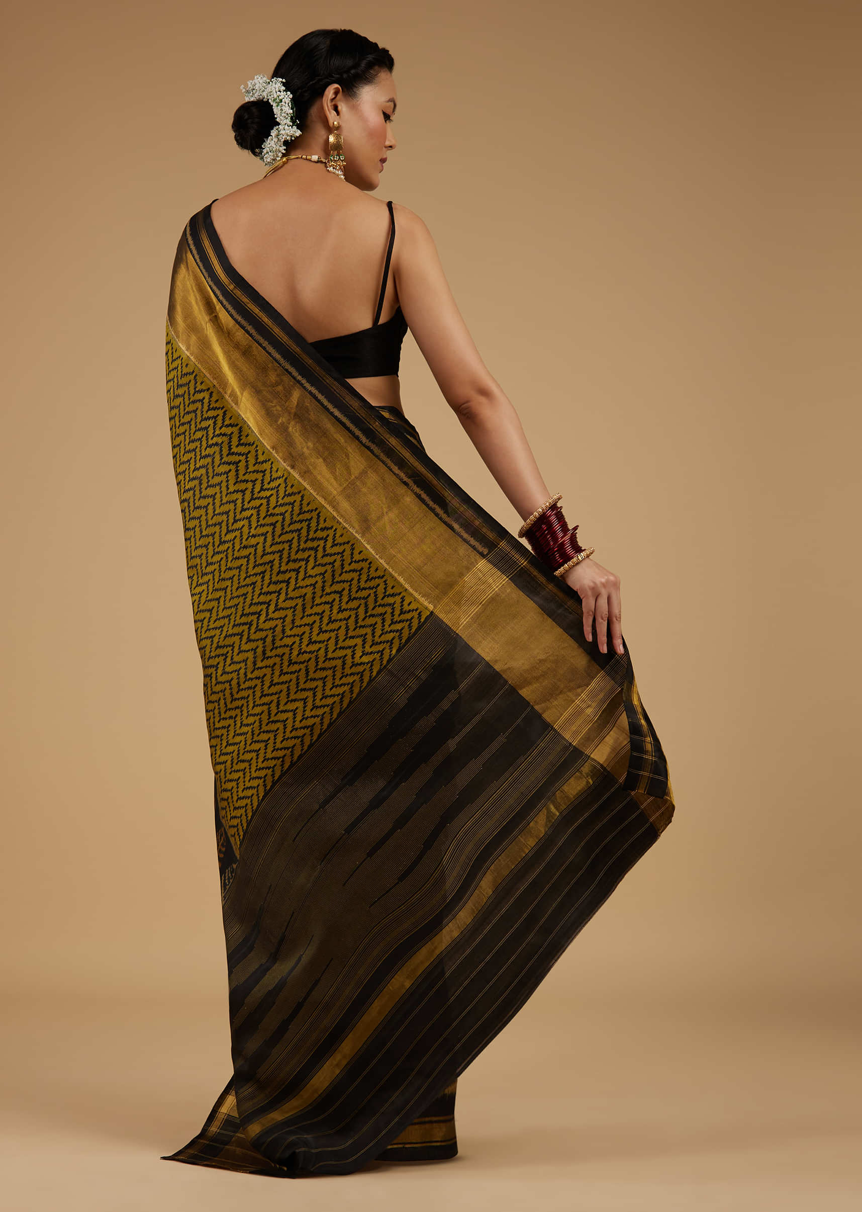 Moss Green And Black Saree In Silk With Ikat Weave Patola Geometric Work