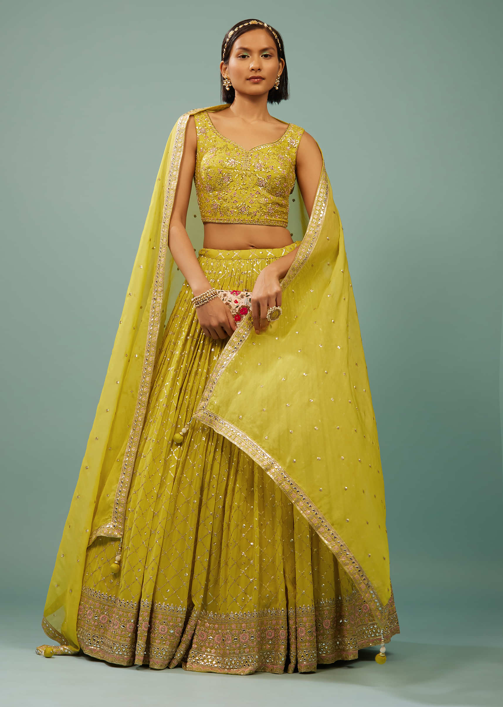 Lime Green Lehenga Choli Set In Georgette With Embroidery