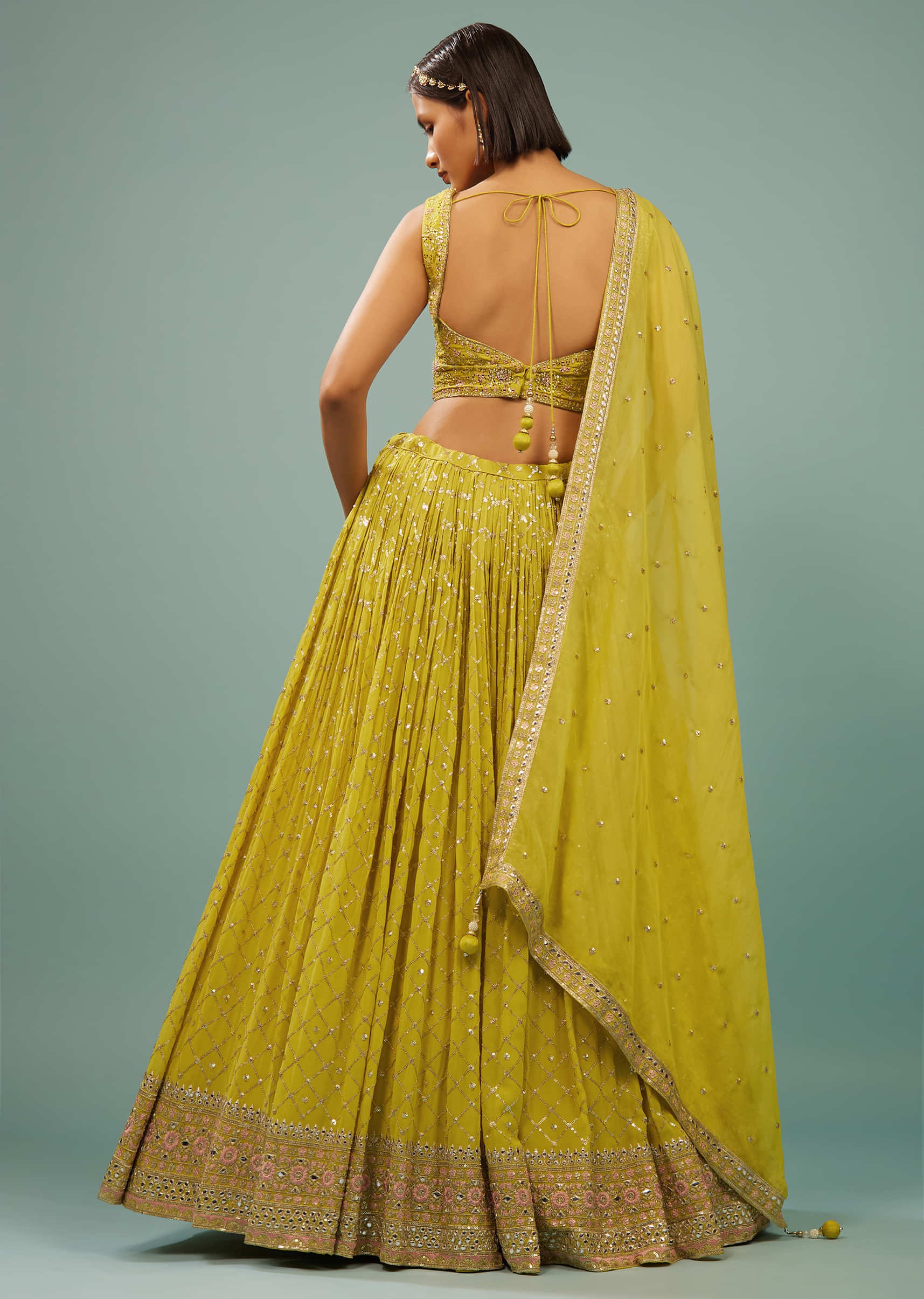 Lime Green Lehenga Choli Set In Georgette With Embroidery