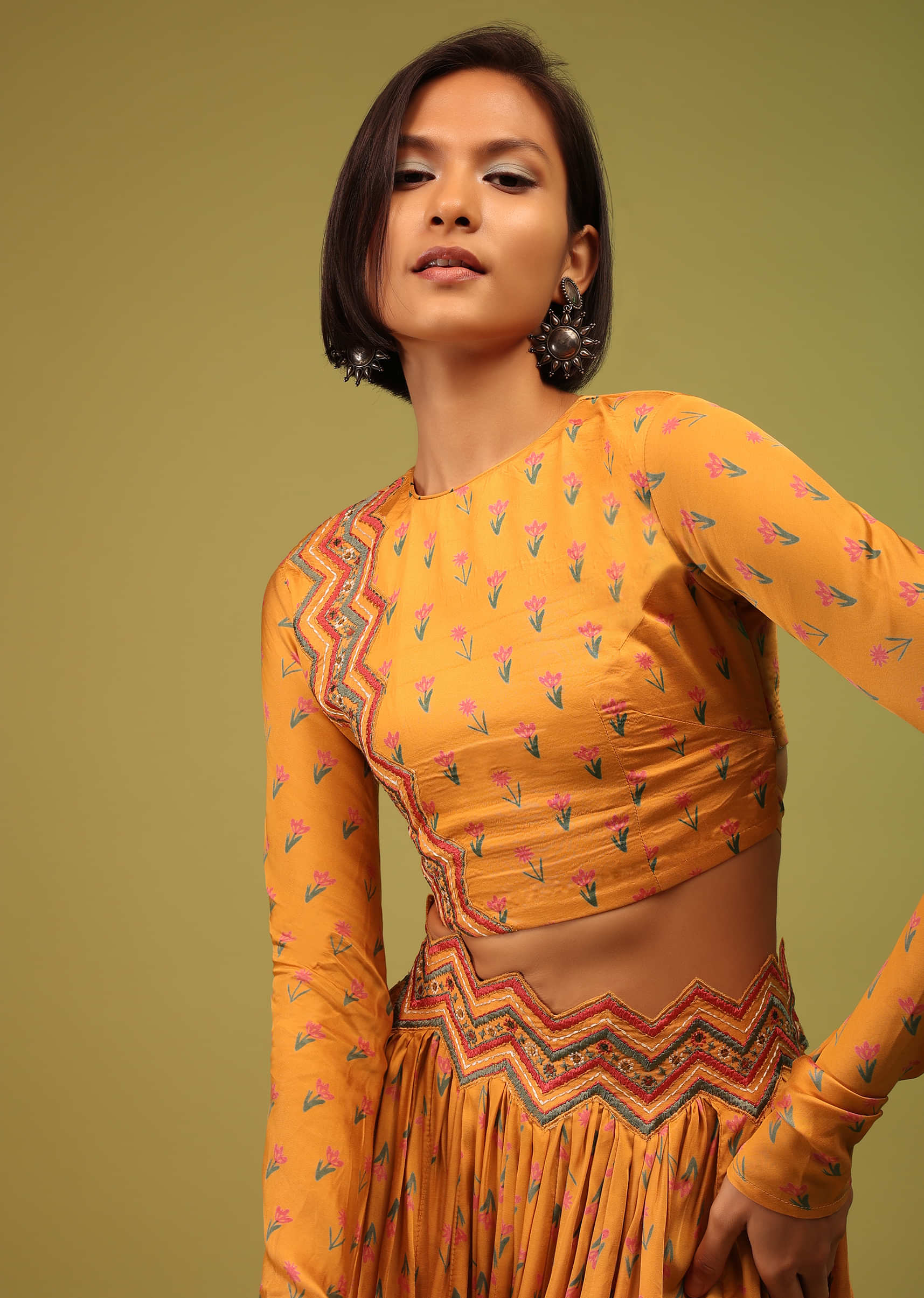 Chrome Yellow Crop Top And Lehenga In Cotton Silk With Floral Print & Embroidery