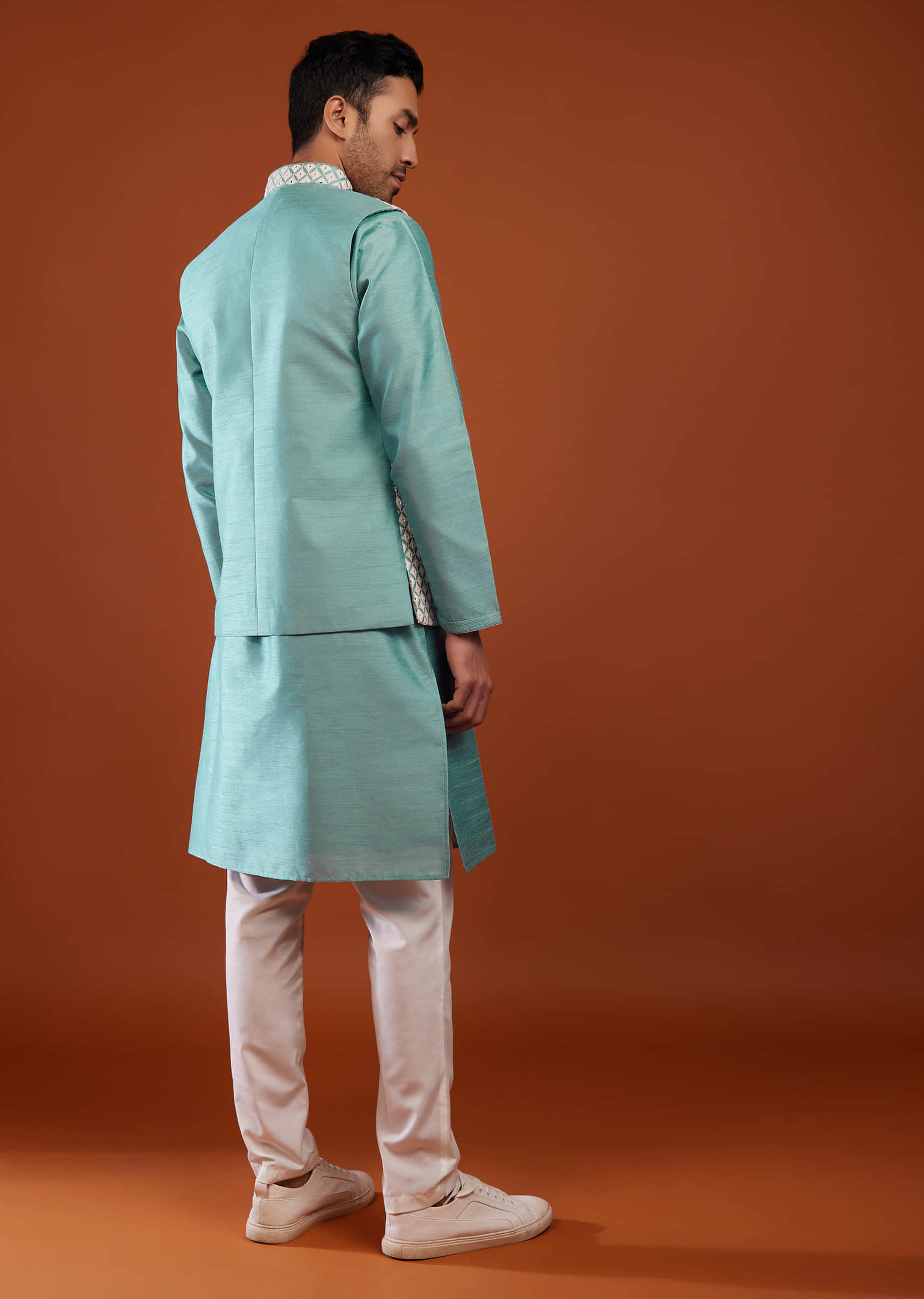 Airforce Blue Bandi Jacket Kurta Set In Cotton Silk With Mirror Embroidery