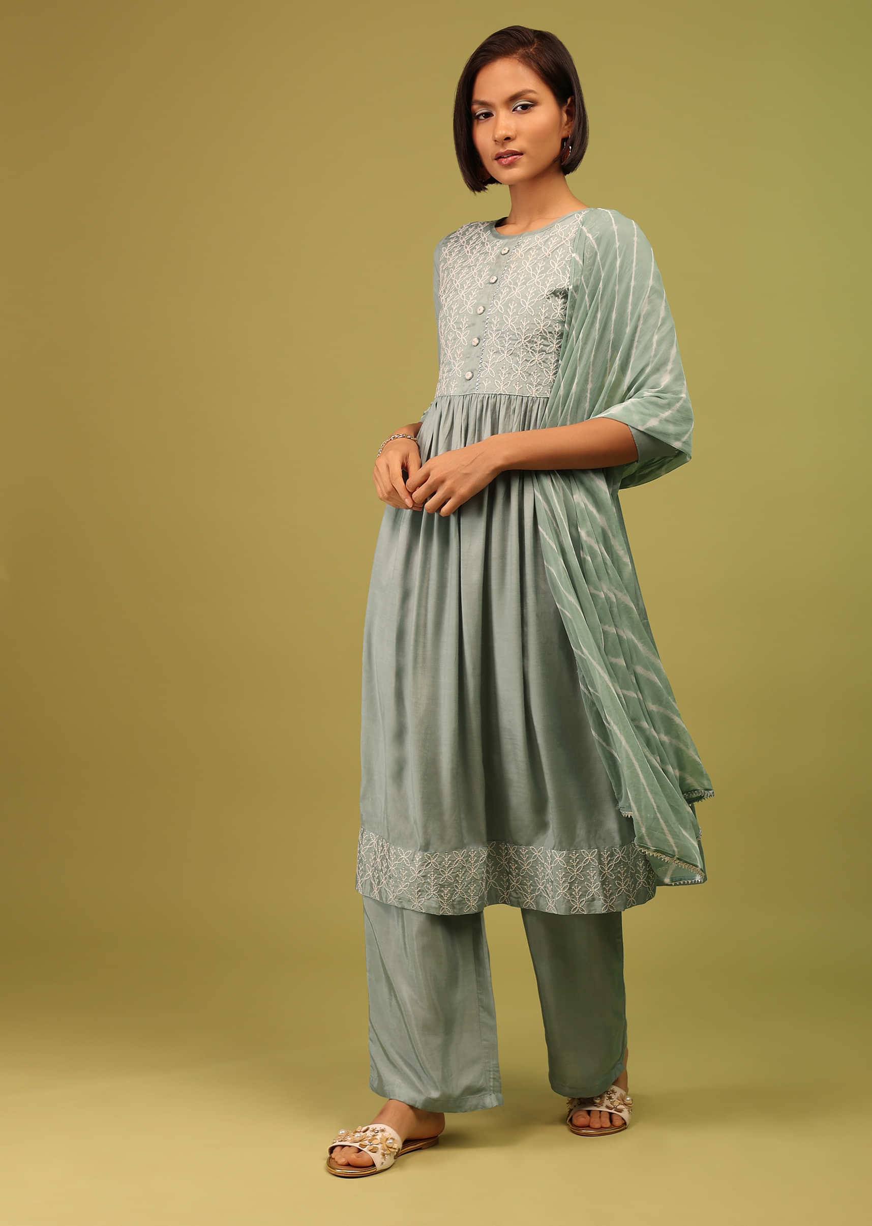 Kalki Aqua Foam Green Palazzo Suit Set In Russian Crepe With Floral Embroidery