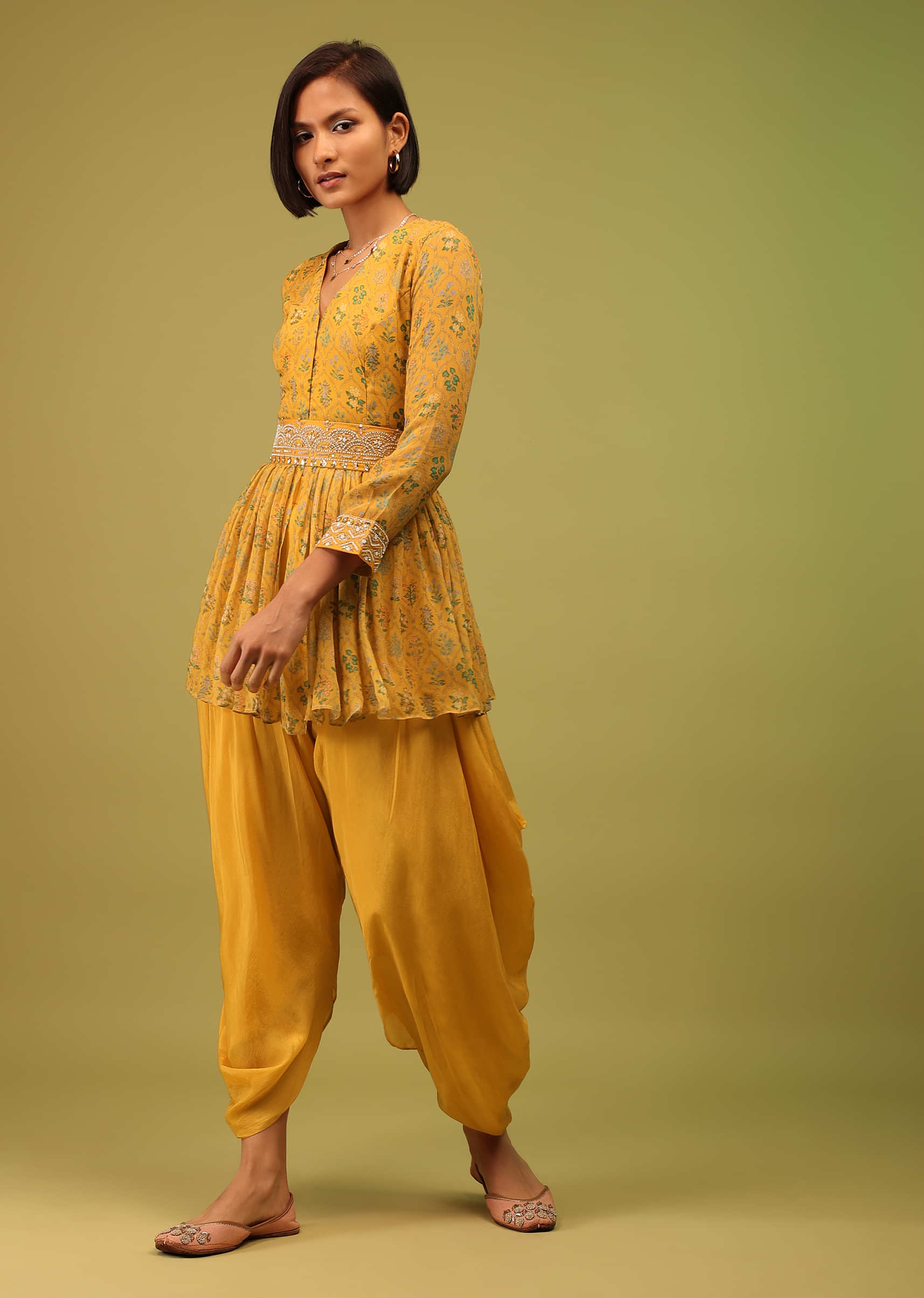 Kalki Artisan's Gold Yellow Dhoti Kurta Set In Georgette With Multicolor Floral Print & Embroidery