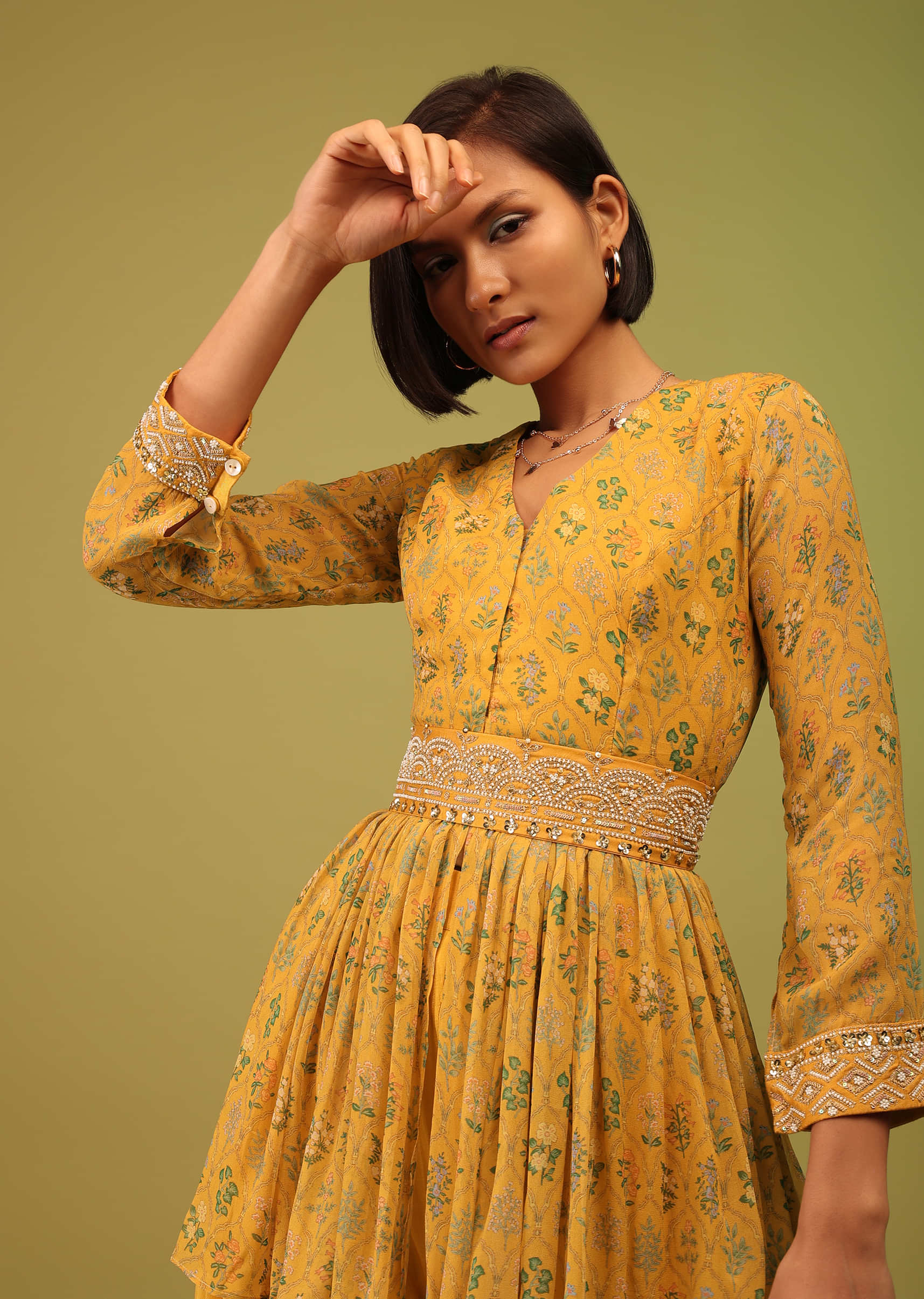 Amber Yellow Dhoti Kurta Set In Georgette With Multicolor Floral Print & Embroidery
