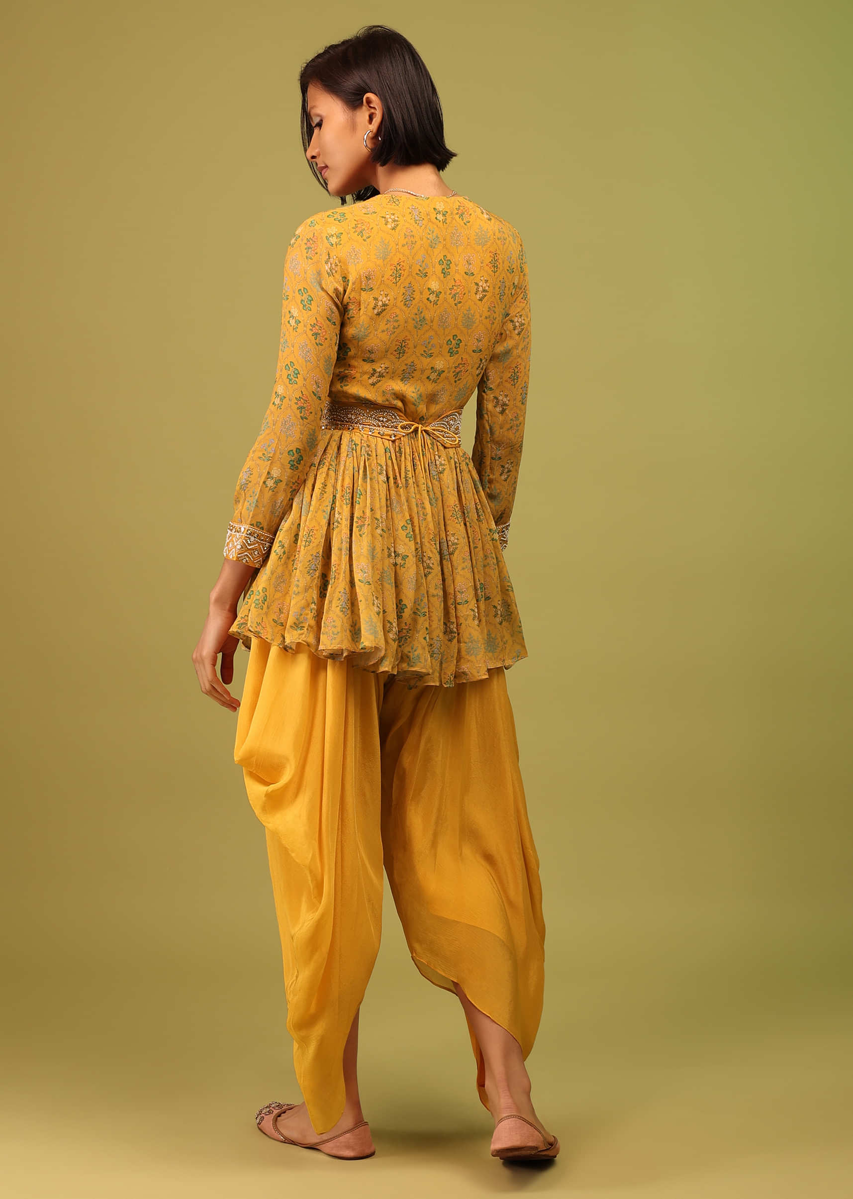 Amber Yellow Dhoti Kurta Set In Georgette With Multicolor Floral Print & Embroidery