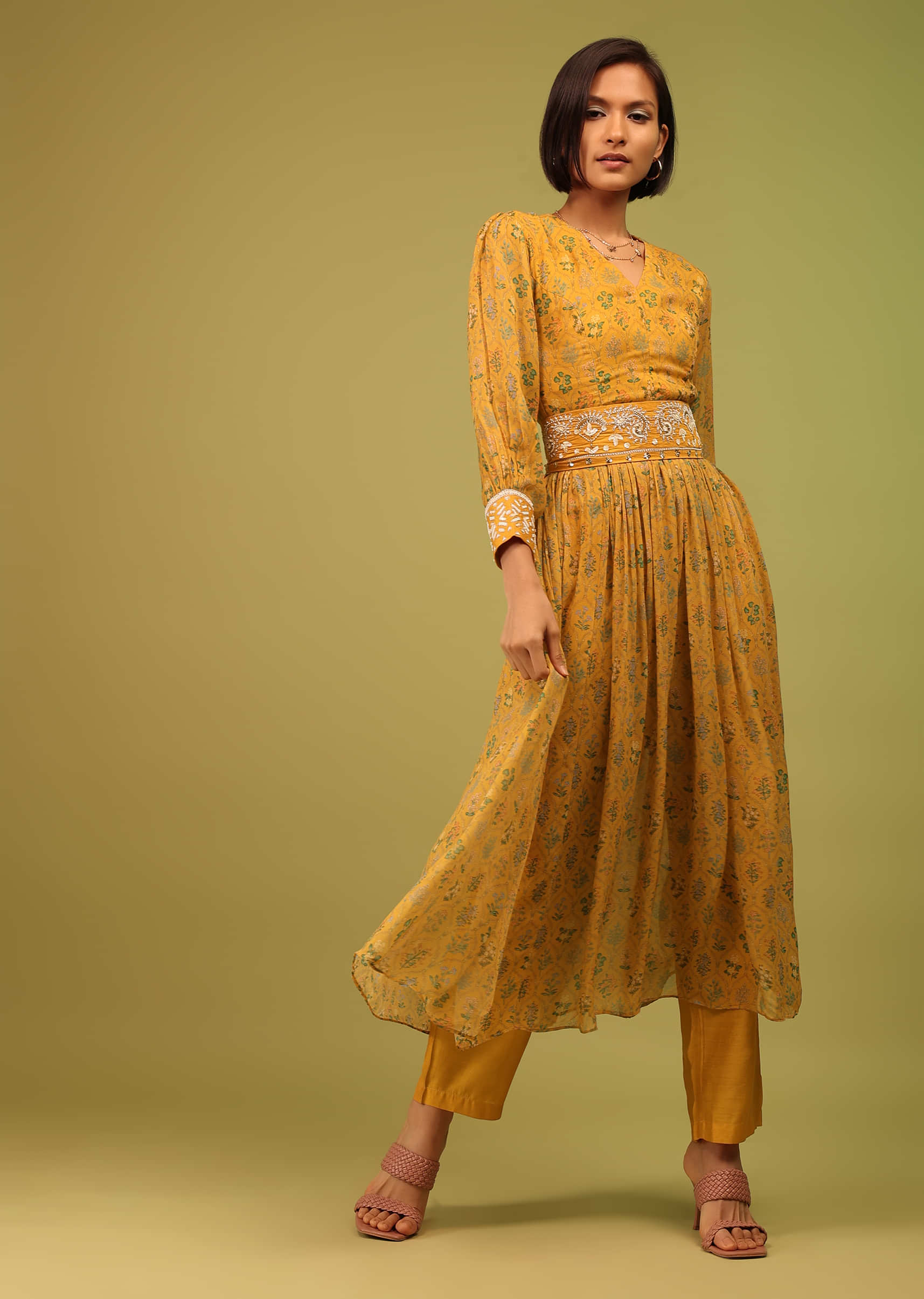 Kalki Artisan's Gold Yellow Palazzo Suit In Georgette With Multicolor Floral Print & Embroidery
