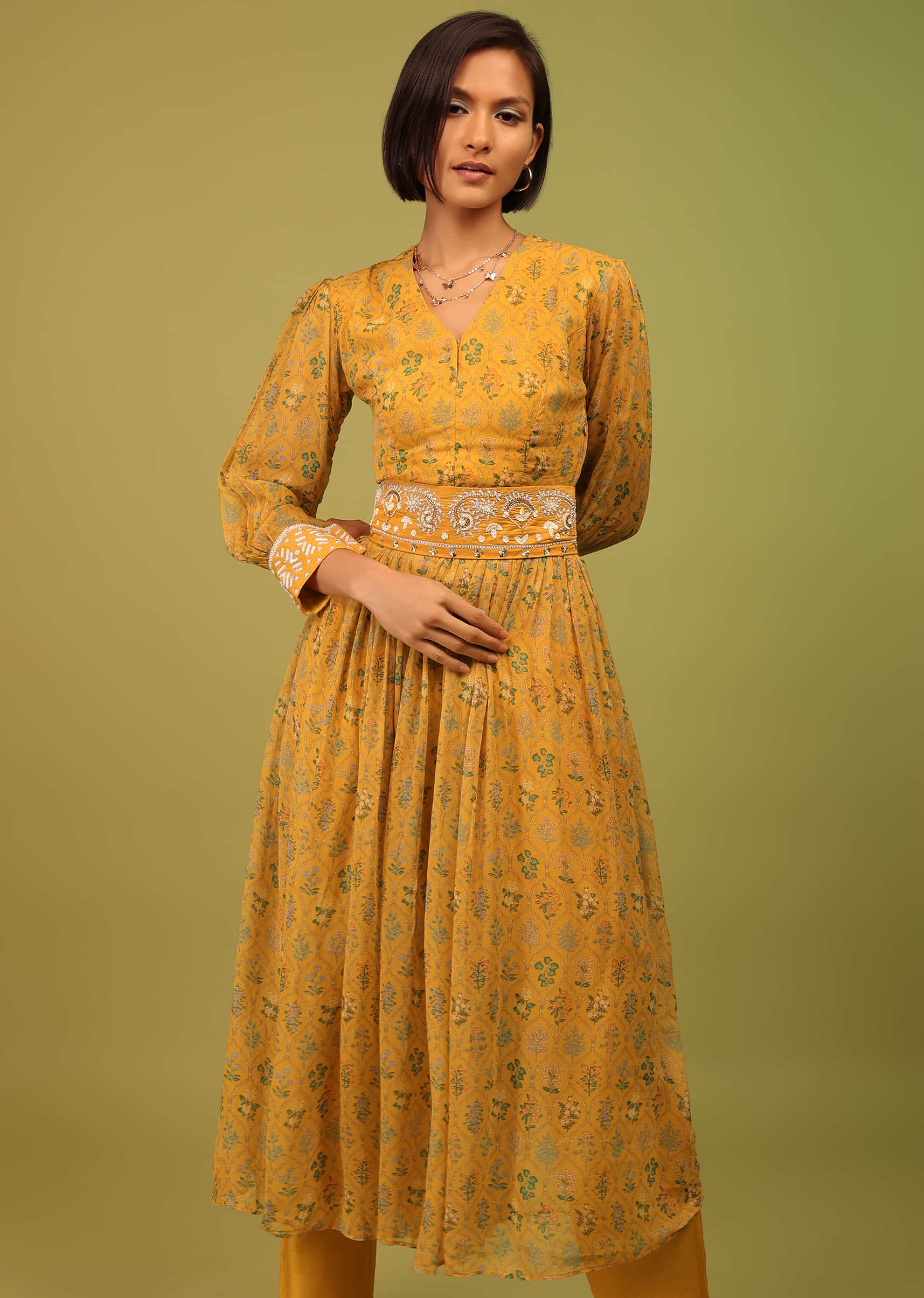 Cyber Yellow Palazzo Suit In Georgette With Multicolor Floral Print & Embroidery