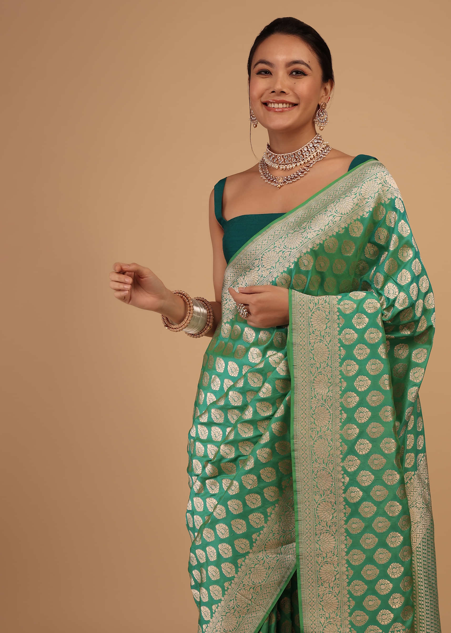 Atlantis Green Saree In Pure Banarasi Silk With A Summer Green Luminous Shade And Upada Zari Weave Floral Butti Work