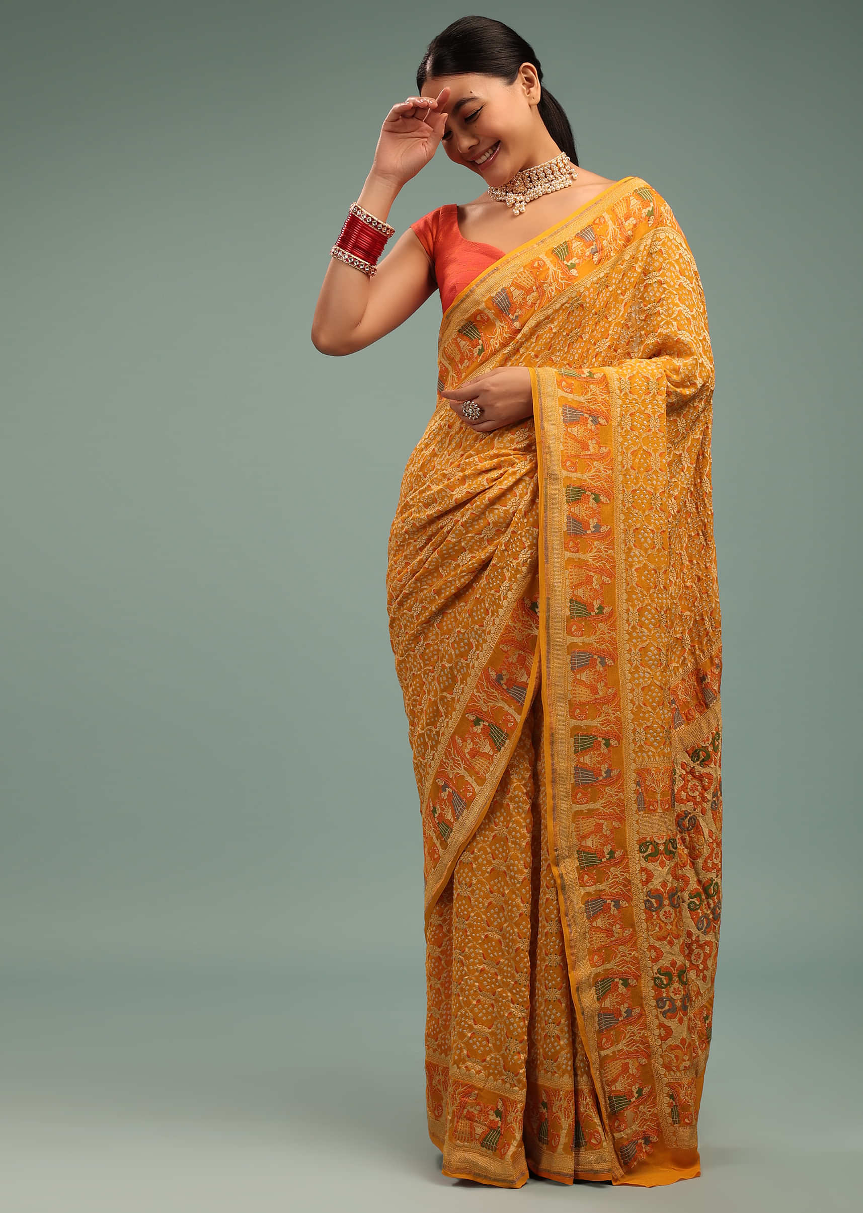 Kalki Authentic Apricot Yellow Saree In Georgette With Bandhani Handwoven Figure Work