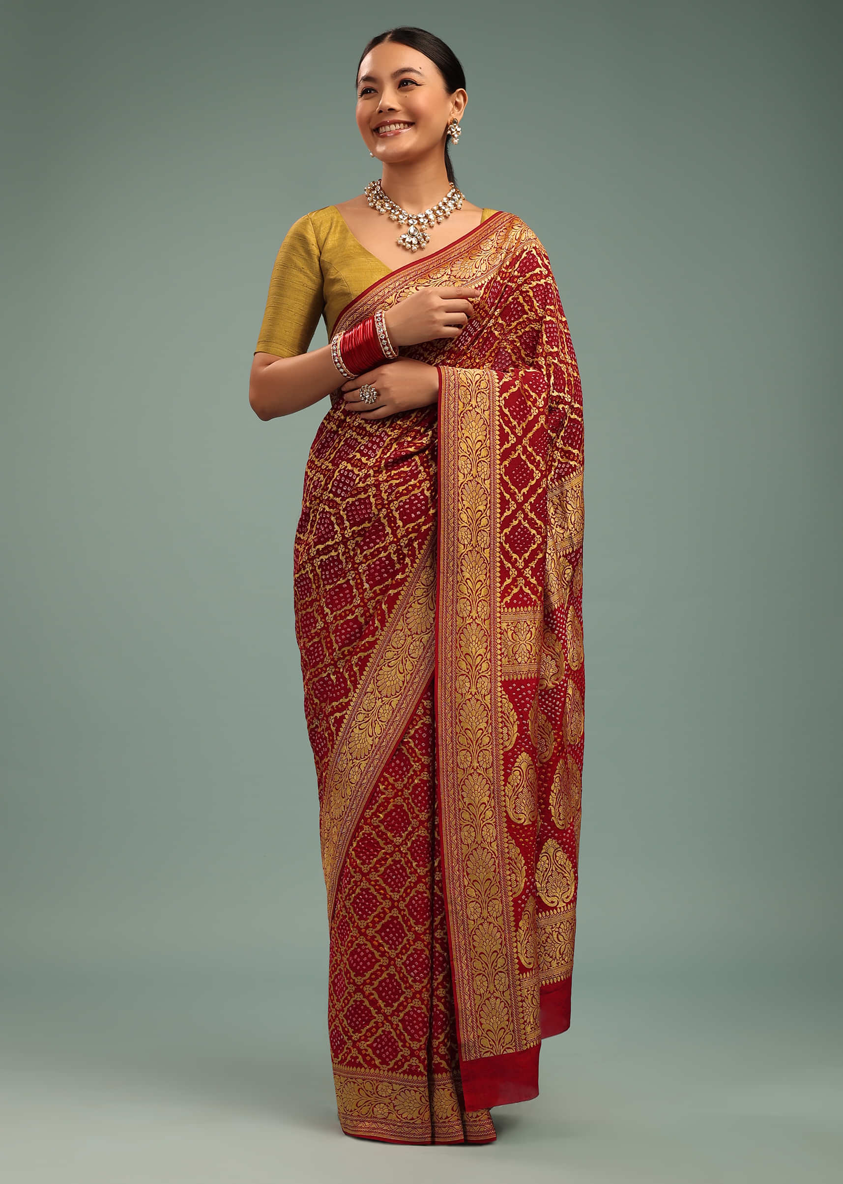 Kalki Authentic Chili Pepper Red Saree In Georgette With Bandhani Handwoven Floral Brocade Work