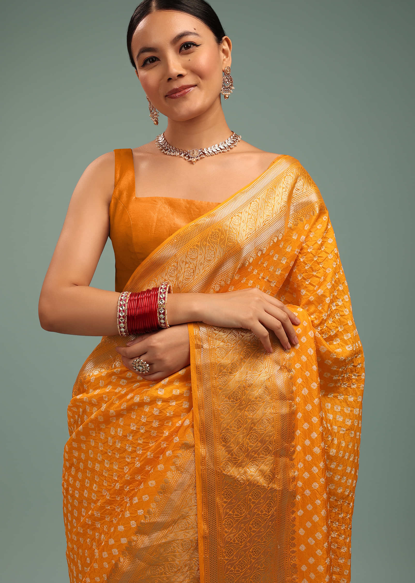 Honey Yellow Saree In Silk With Bandhani Print & Handwoven Brocade Floral Embroidery