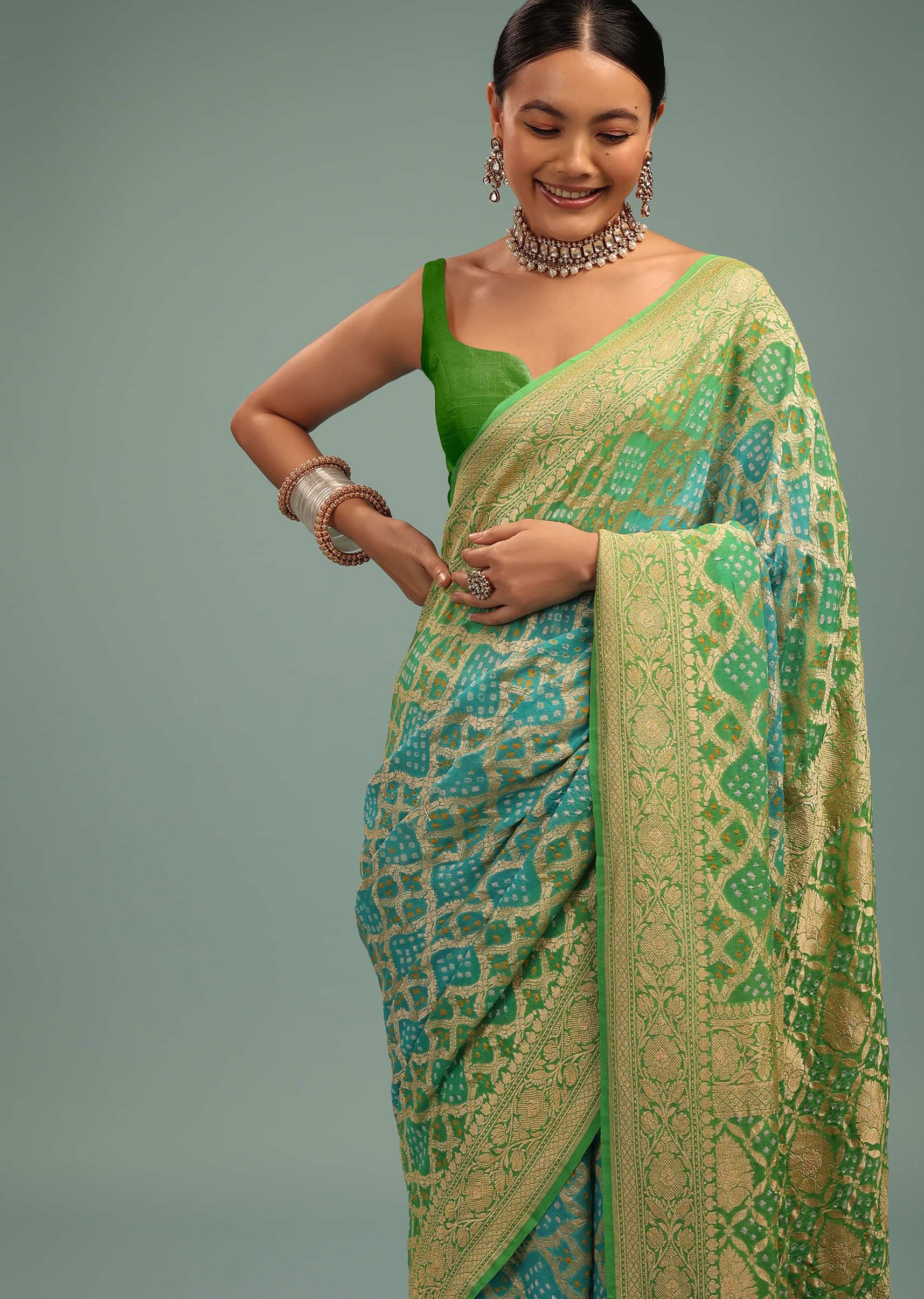 Dual-Tone Sea Green And River Blue Saree In Bandhani Handwoven Georgette With Floral Jaal Weave