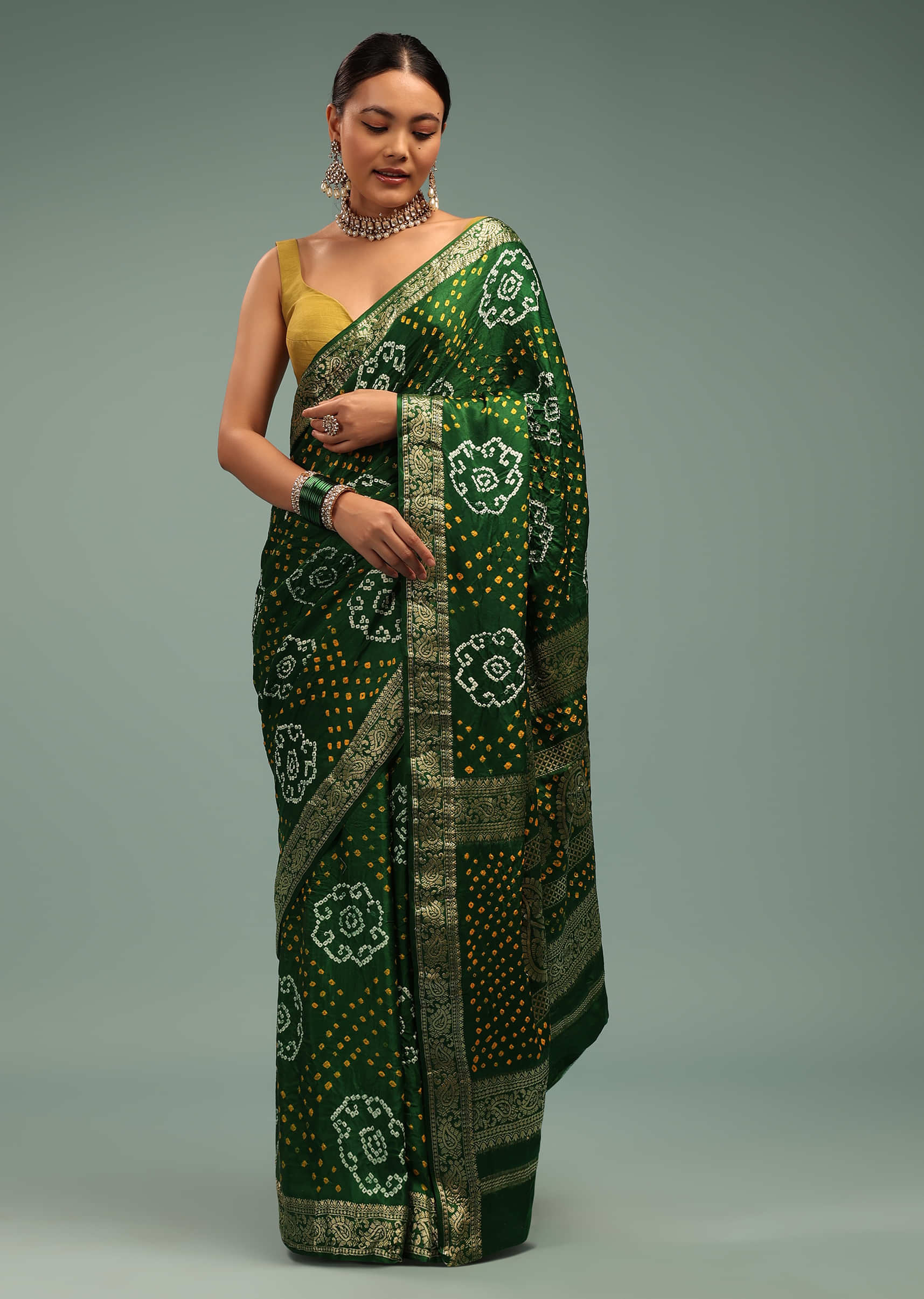 Kalki Authentic Evergreen Green Saree In Silk With Bandhani Handweaving & Zari Border