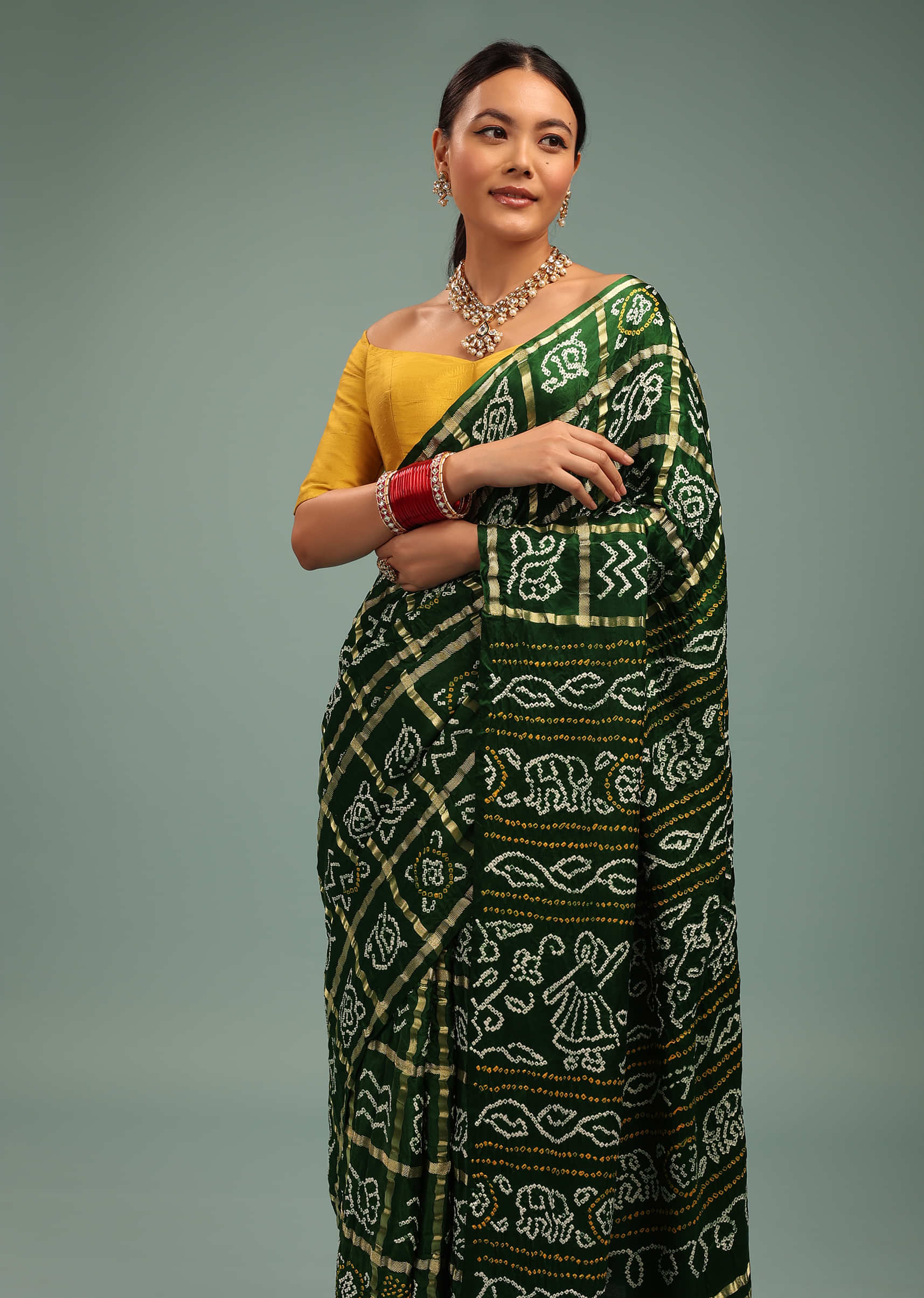 Forest Green Saree In Pure Silk With Bandhani Print & Brocade Work