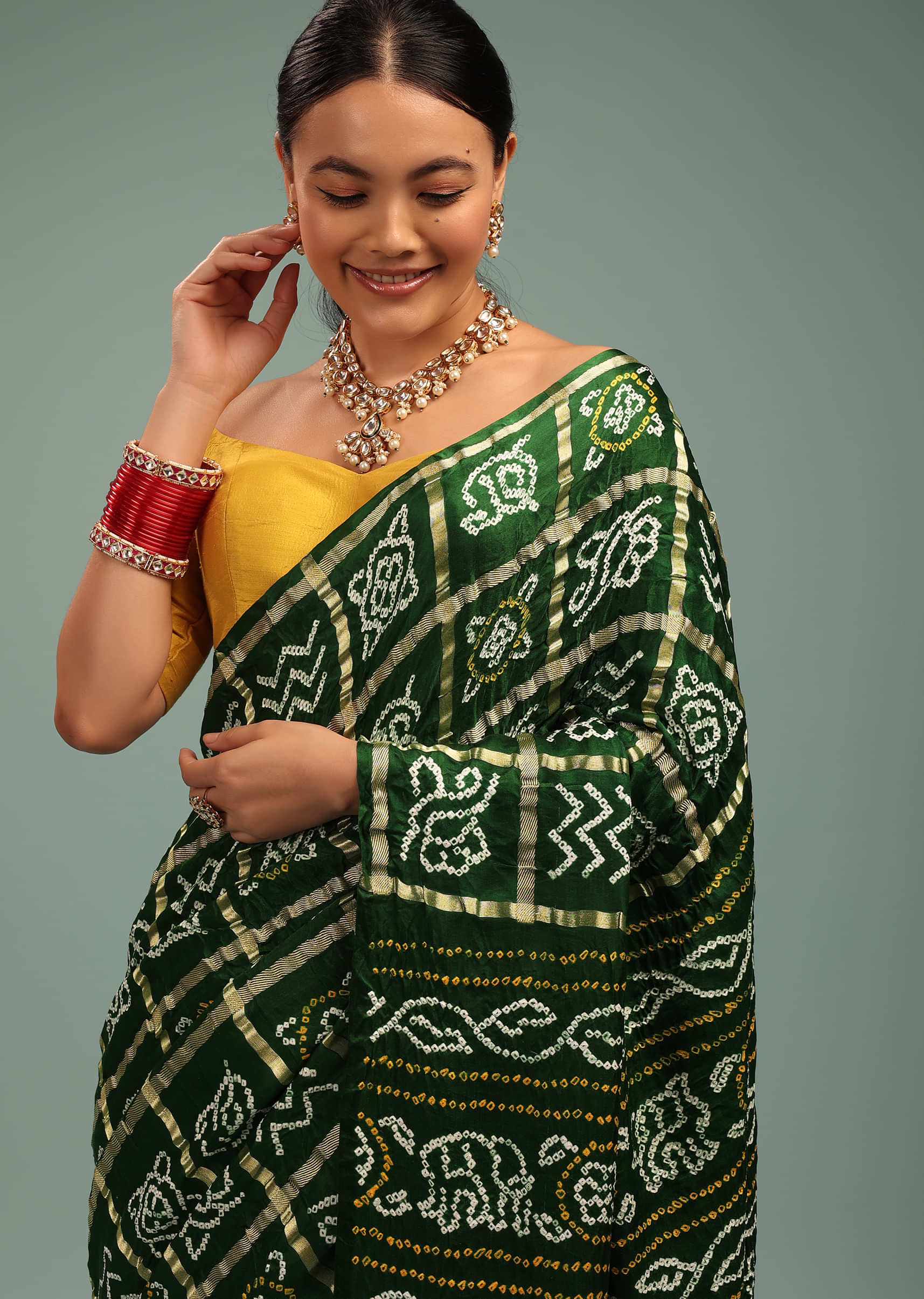 Forest Green Saree In Pure Silk With Bandhani Print & Brocade Work
