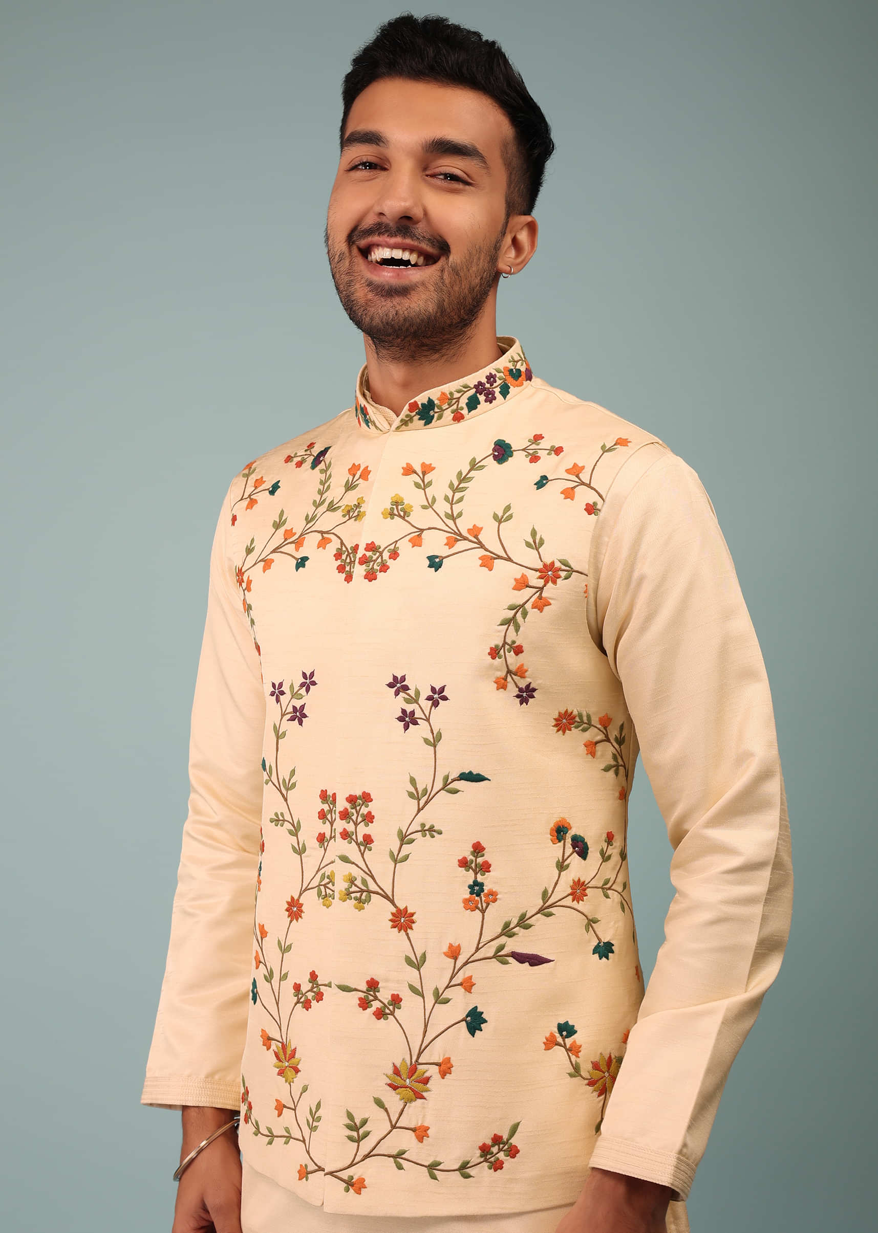 Beige Bandi Jacket Set In Handloom Silk With Multicolor Floral Jaal Embroidery