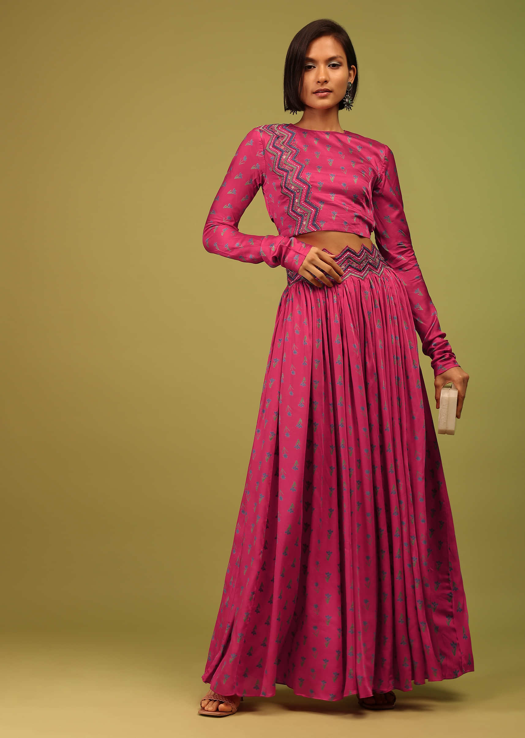 Kalki Azalea Pink Crop Top And Lehenga In Cotton Silk With Floral Print & Embroidery