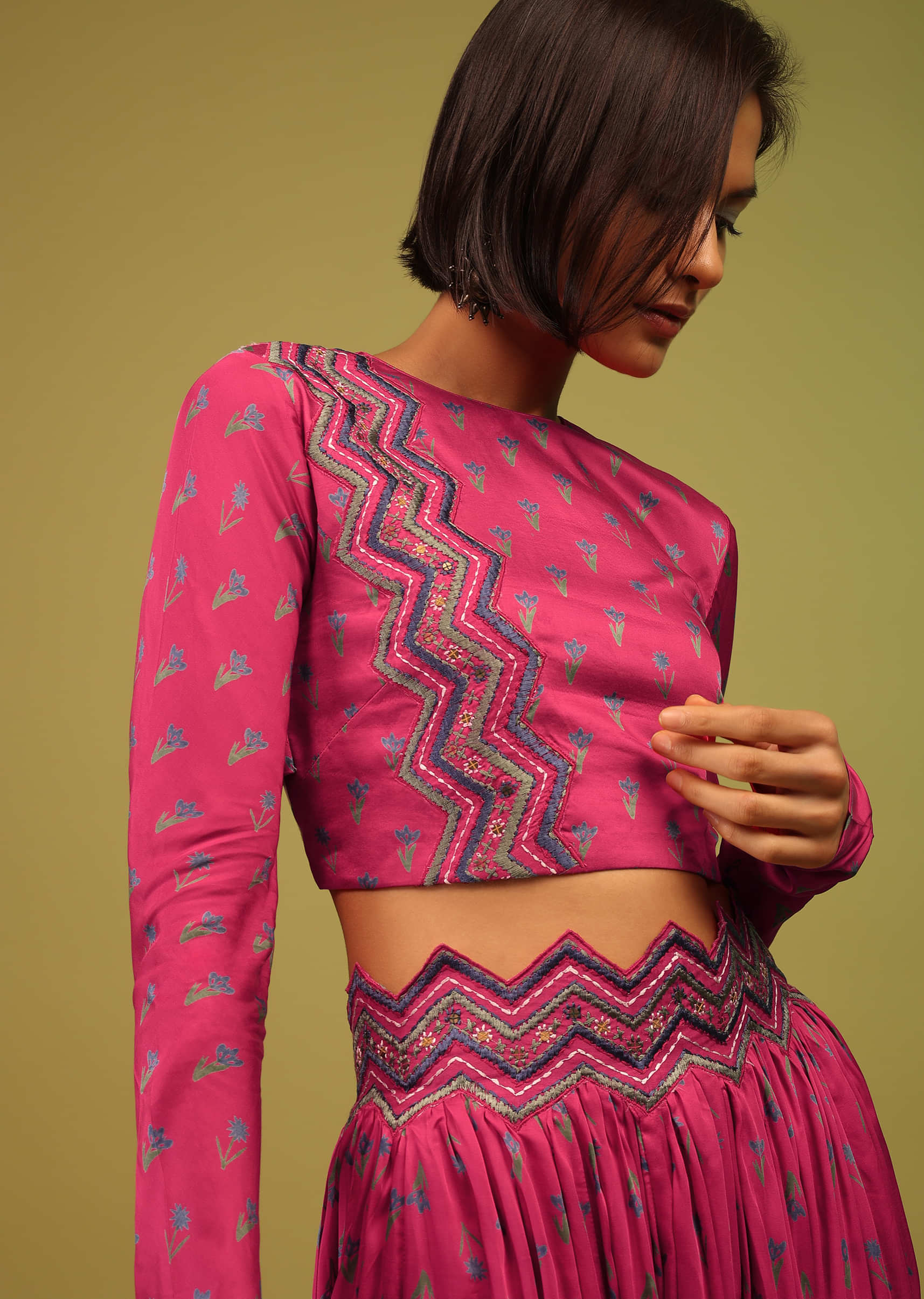 Azalea Pink Crop Top And Lehenga In Cotton Silk With Floral Print & Embroidery