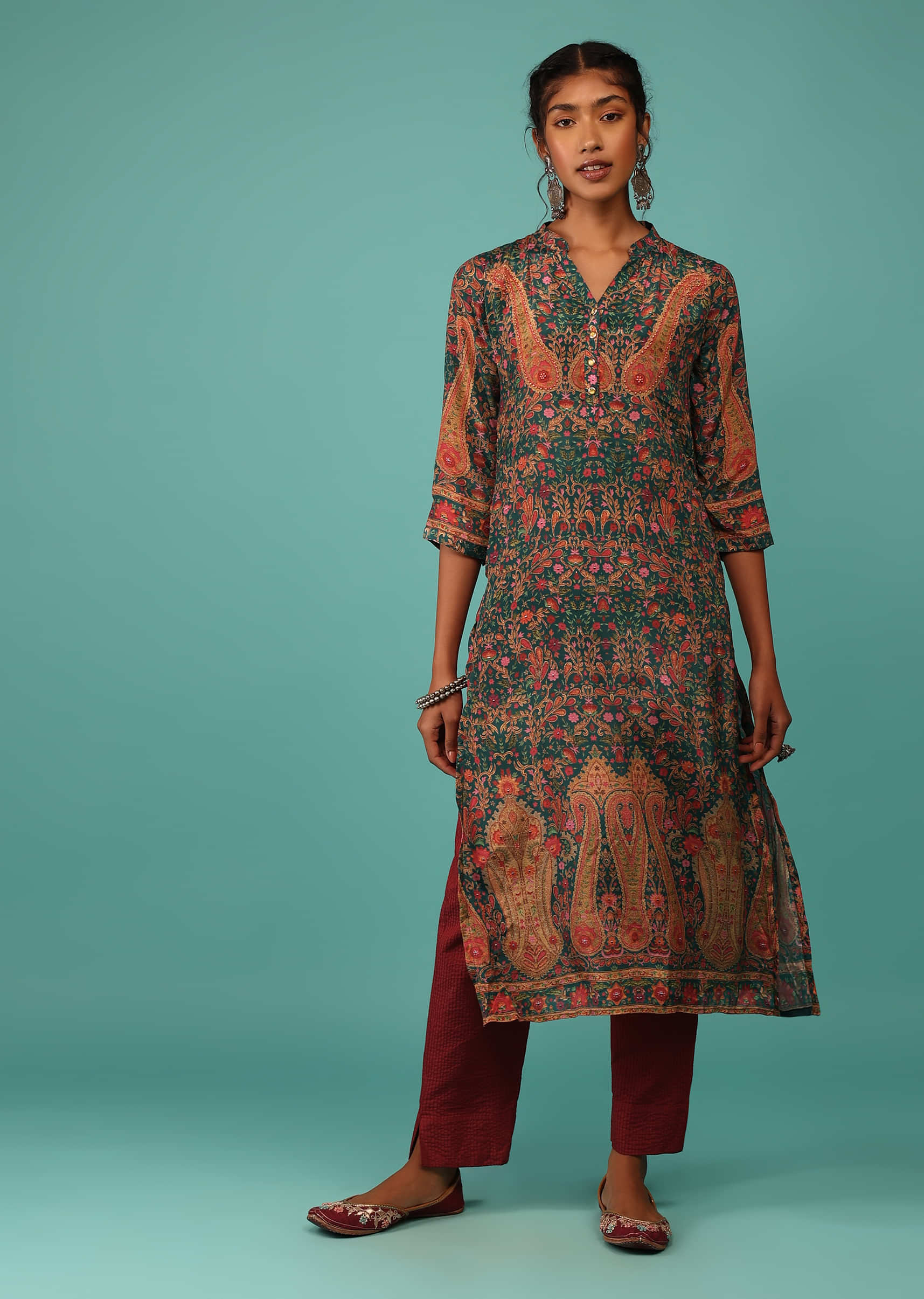 Kalki Bayberry Green Kurta In Crepe With Kashmiri Floral Print And Embroidery