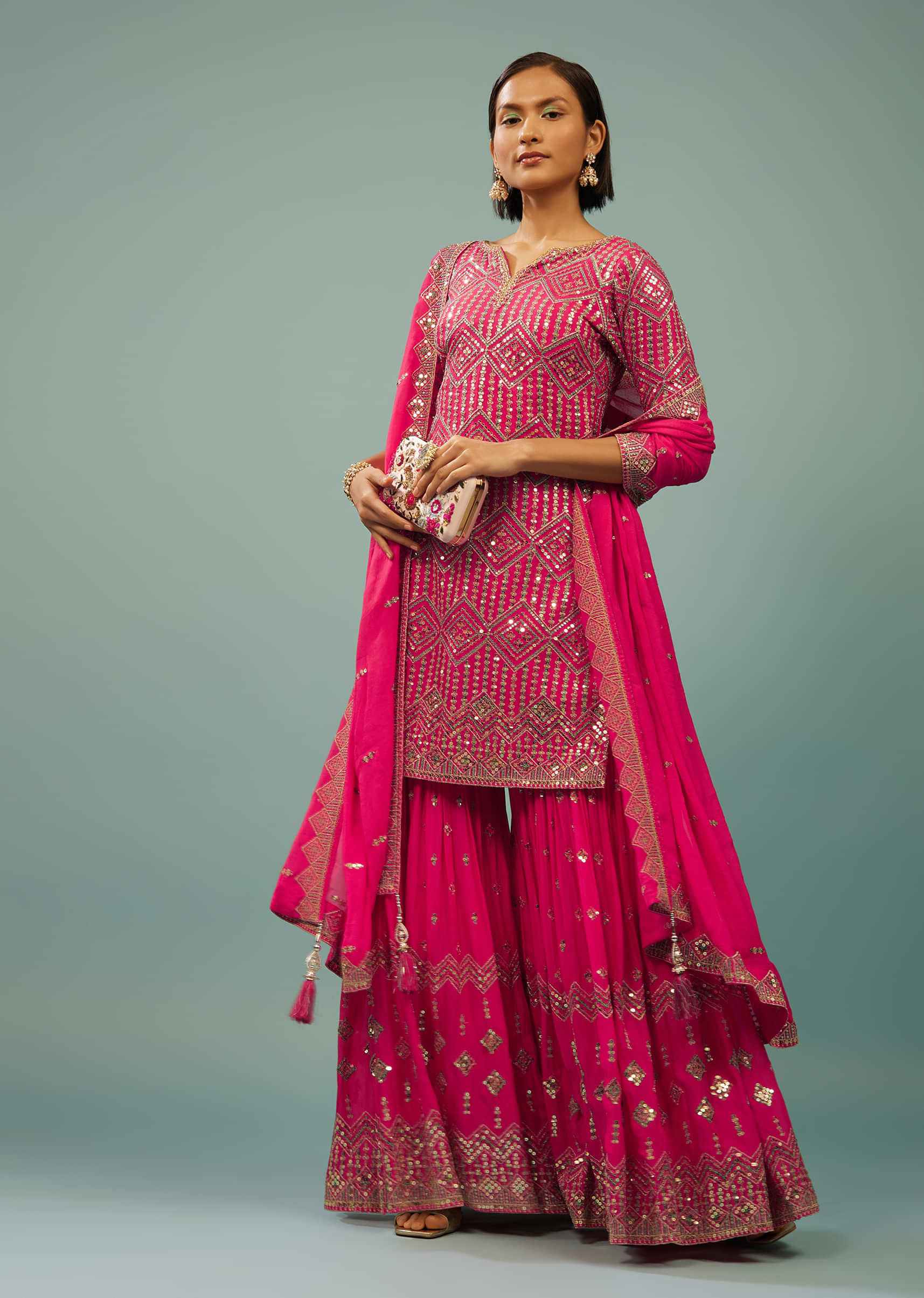 Kalki Beetroot Pink Sharara Suit In Georgette With Embroidery