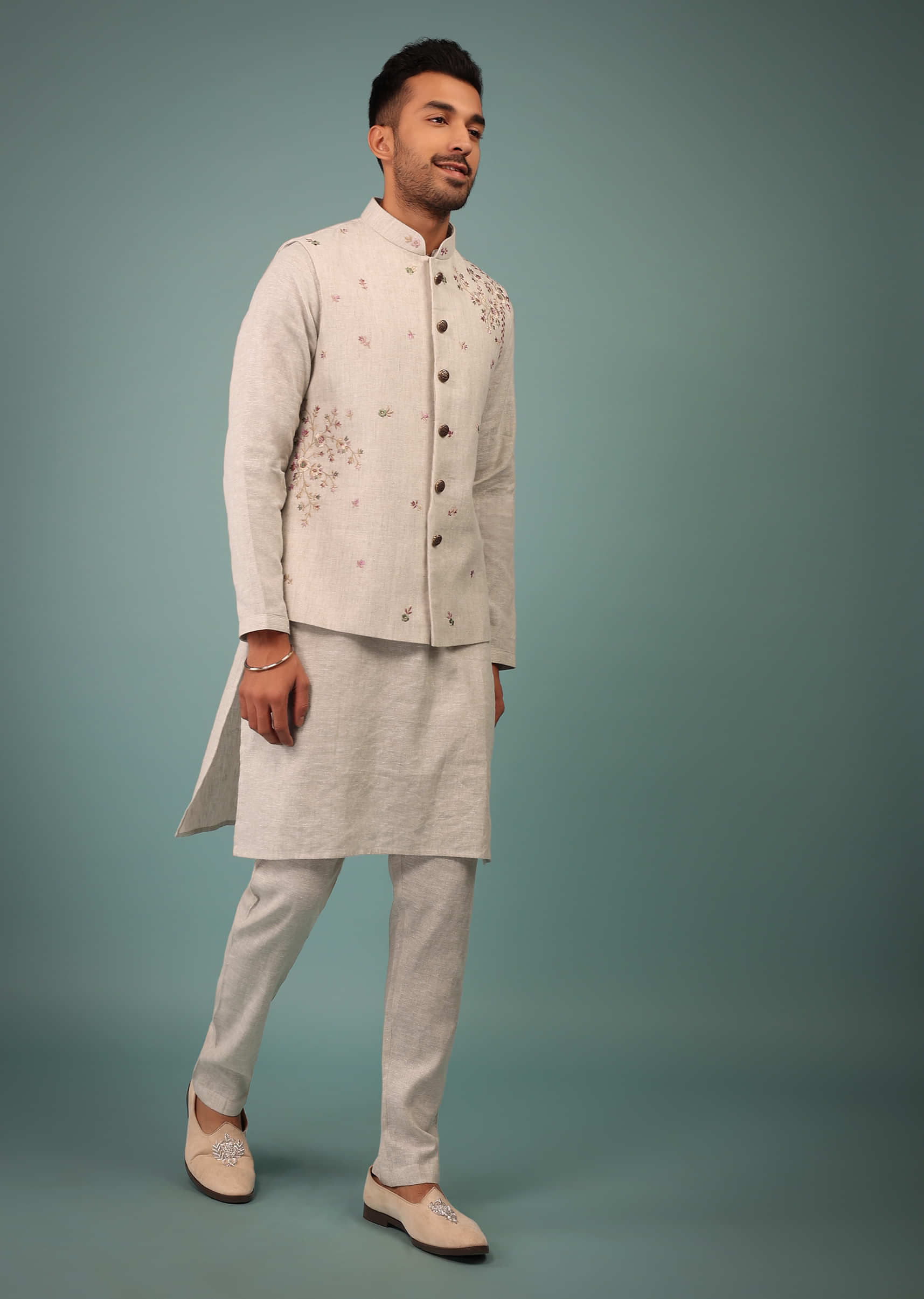 Kalki Birch White Bandi Jacket Set In Linen With Blooming Floral Embroidery
