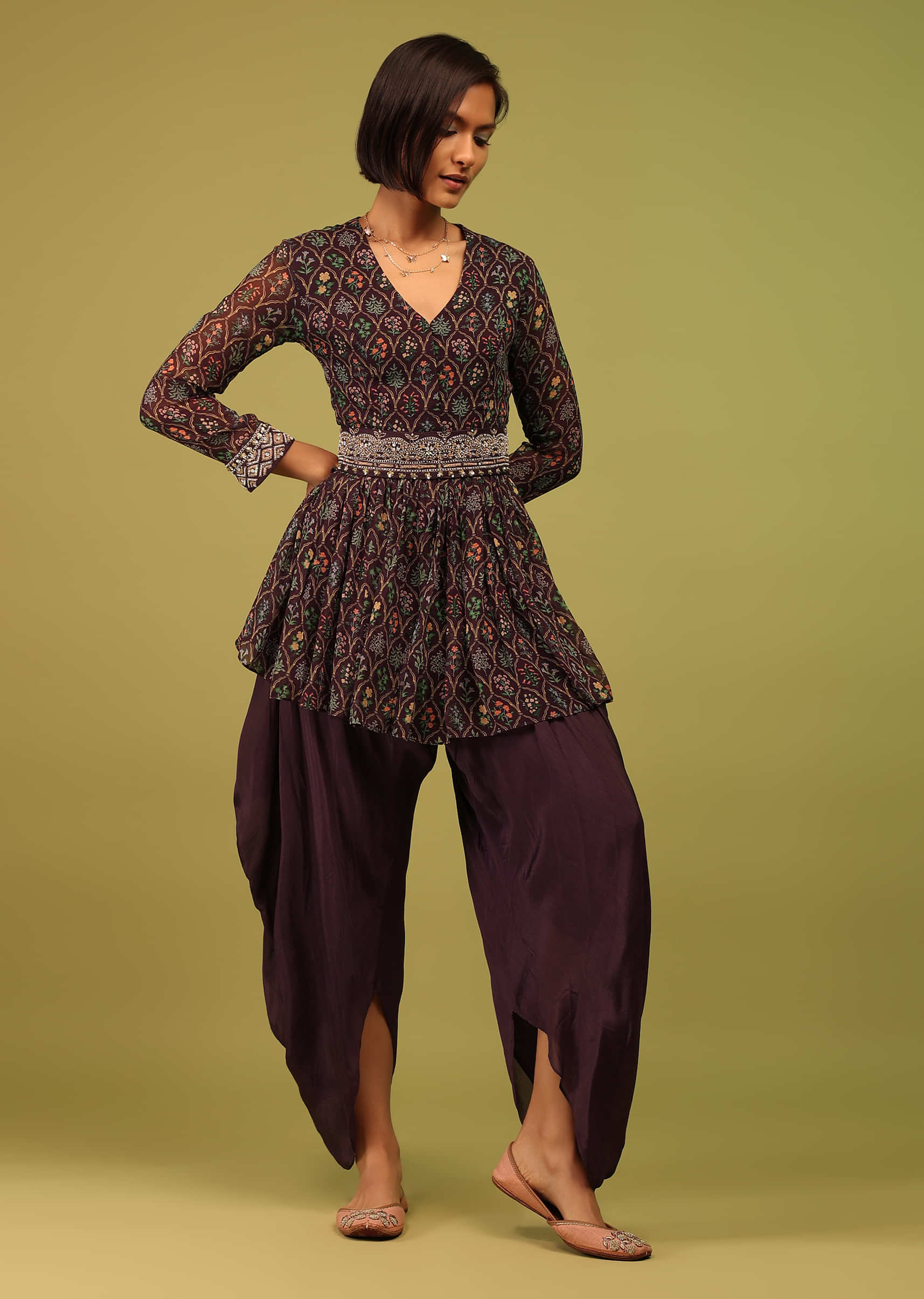 Kalki Bitter Chocolate Brown Dhoti Kurta Set In Georgette With Multicolor Floral Print & Embroidery