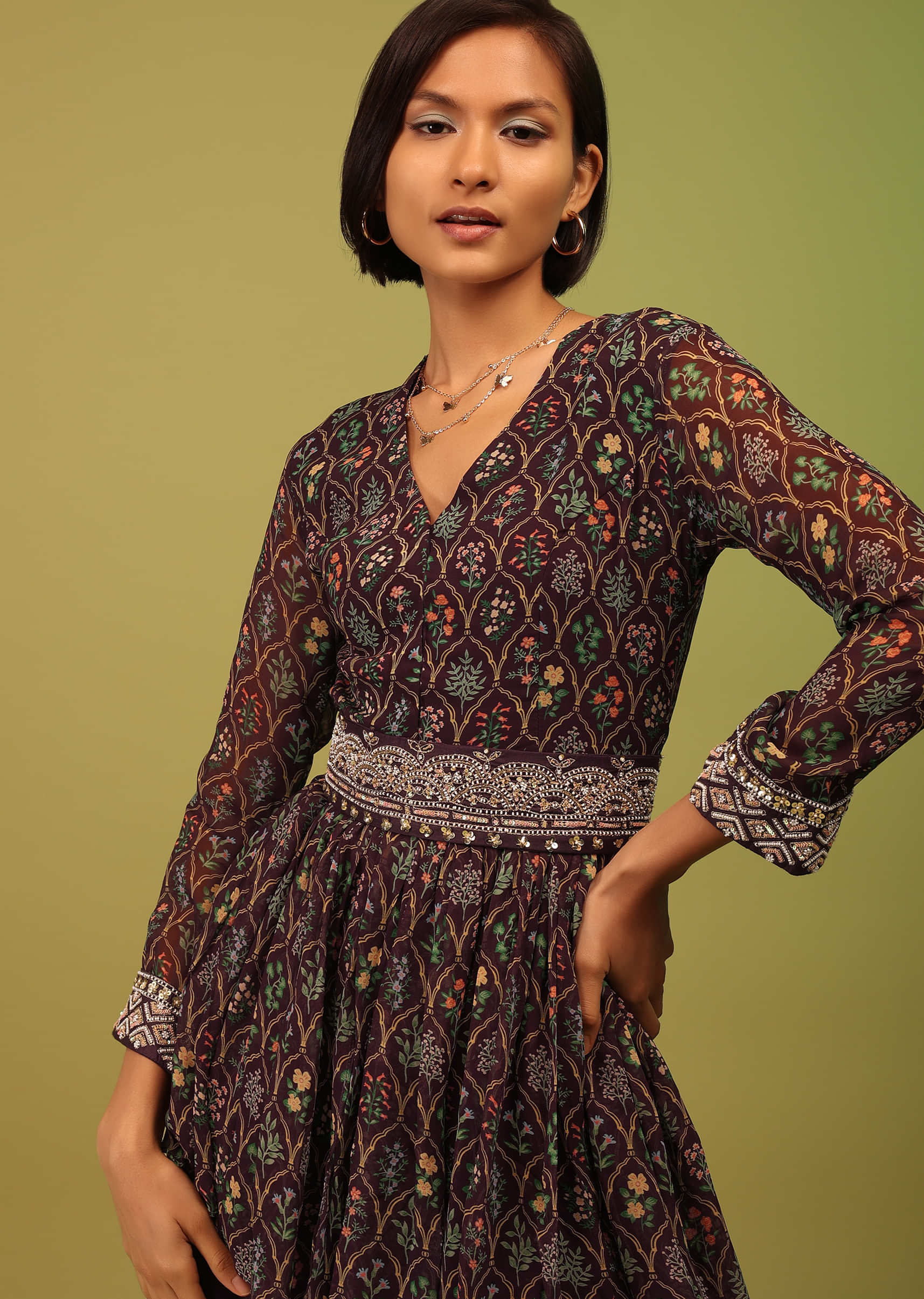 Dusty Brown Dhoti Kurta Set In Georgette With Multicolor Floral Print & Embroidery